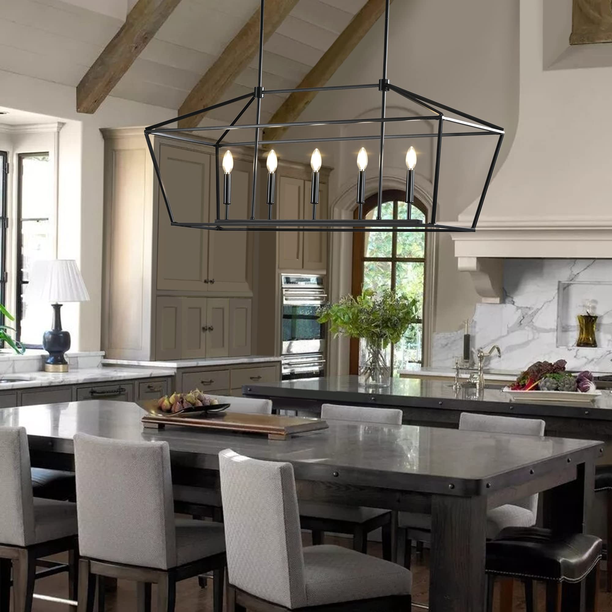 MantoLite 5-Light Iron Linear Chandelier, Dining Room Kitchen Island Pendant Light Fixtures Height Adjustable Hanging Lighting Black Metal E12 Farmhouse Rustic Industrial Chandeliers Lamp