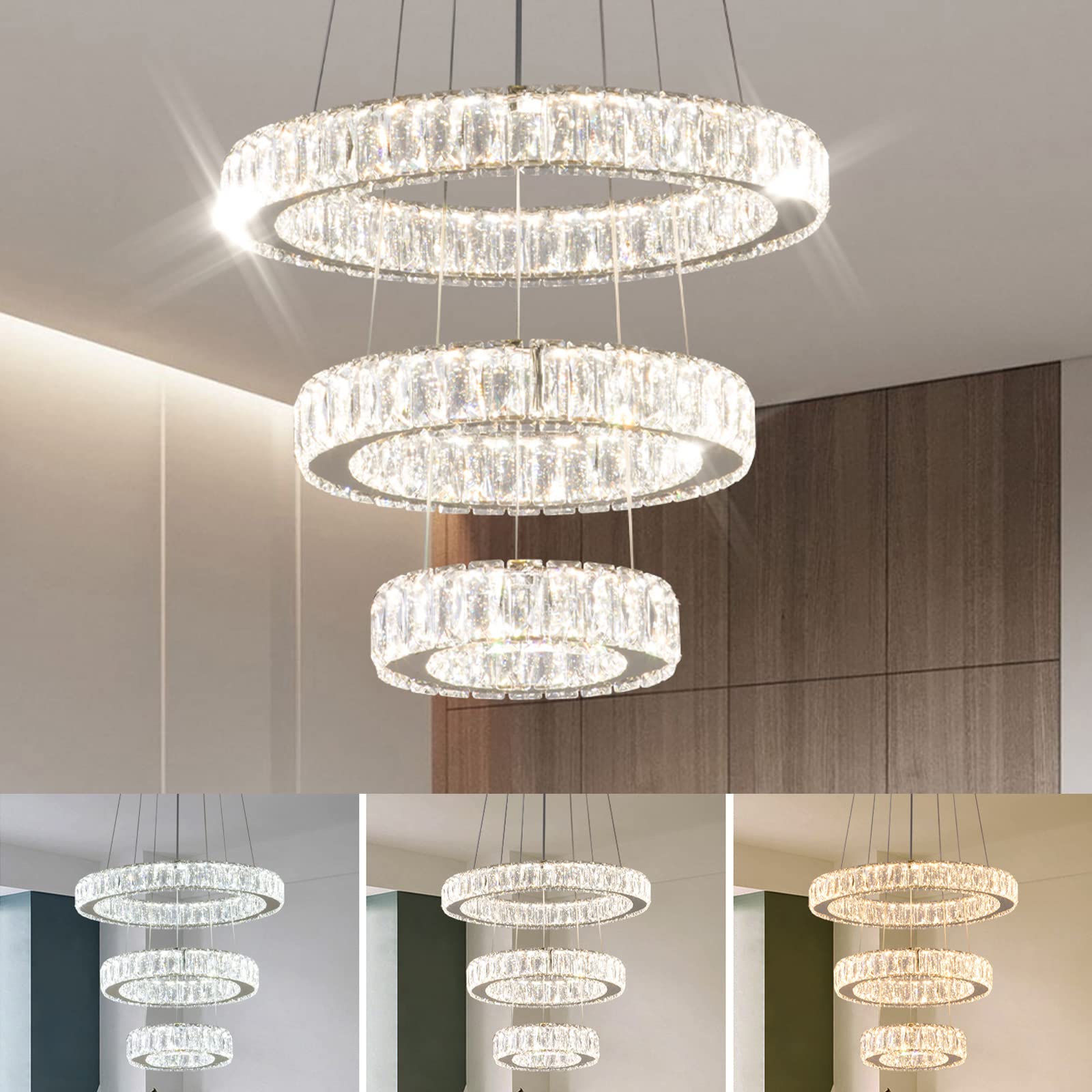 FRIXCHUR Crystal LED Chandelier 3 Ring Pendant Lights Ceiling Light Modern Crystal Chandeliers for Living Room Dining Room Bedroom (White Light/Neutral Light/Warm Light),Memory Function