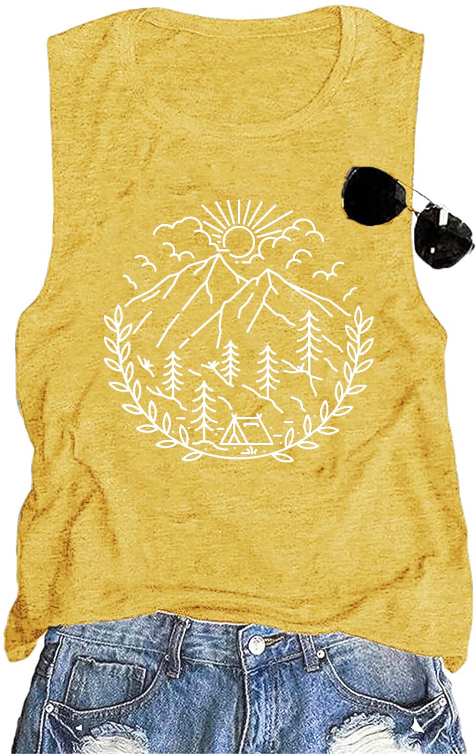 Women Hiking Camping Outdoor Tank Top Summer Mountain Nature Funny Graphic Print Round Neck Workout Athletic Sleeveless Tops