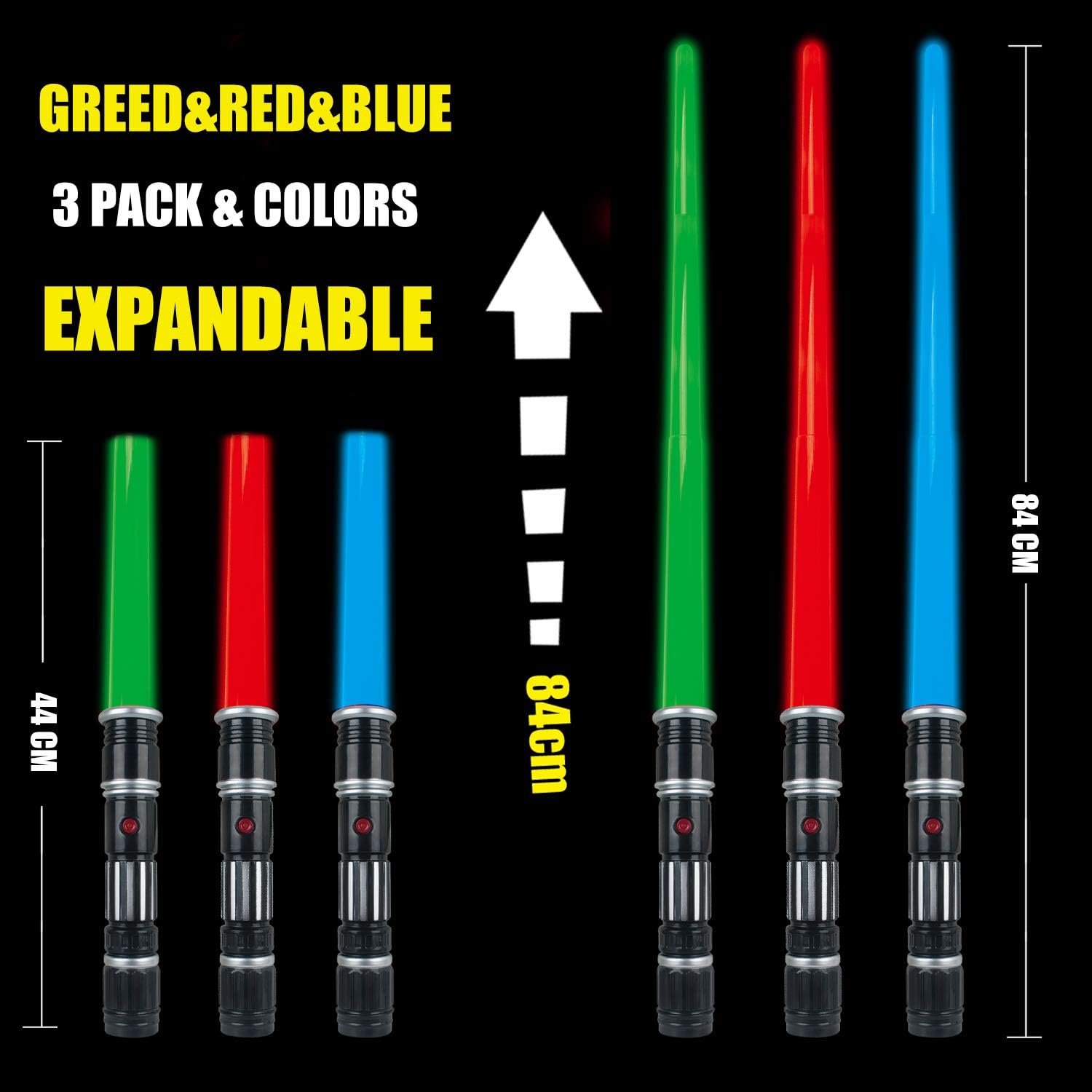 3 Pack 3 Colors Saber Light Up Swords with FX Sound(Motion Sensitive) and Realistic Handle for Kid, Expandable Light Toy for Halloween Dress Up Parties, Xmas Present, Galaxy War Fighters and Warriors