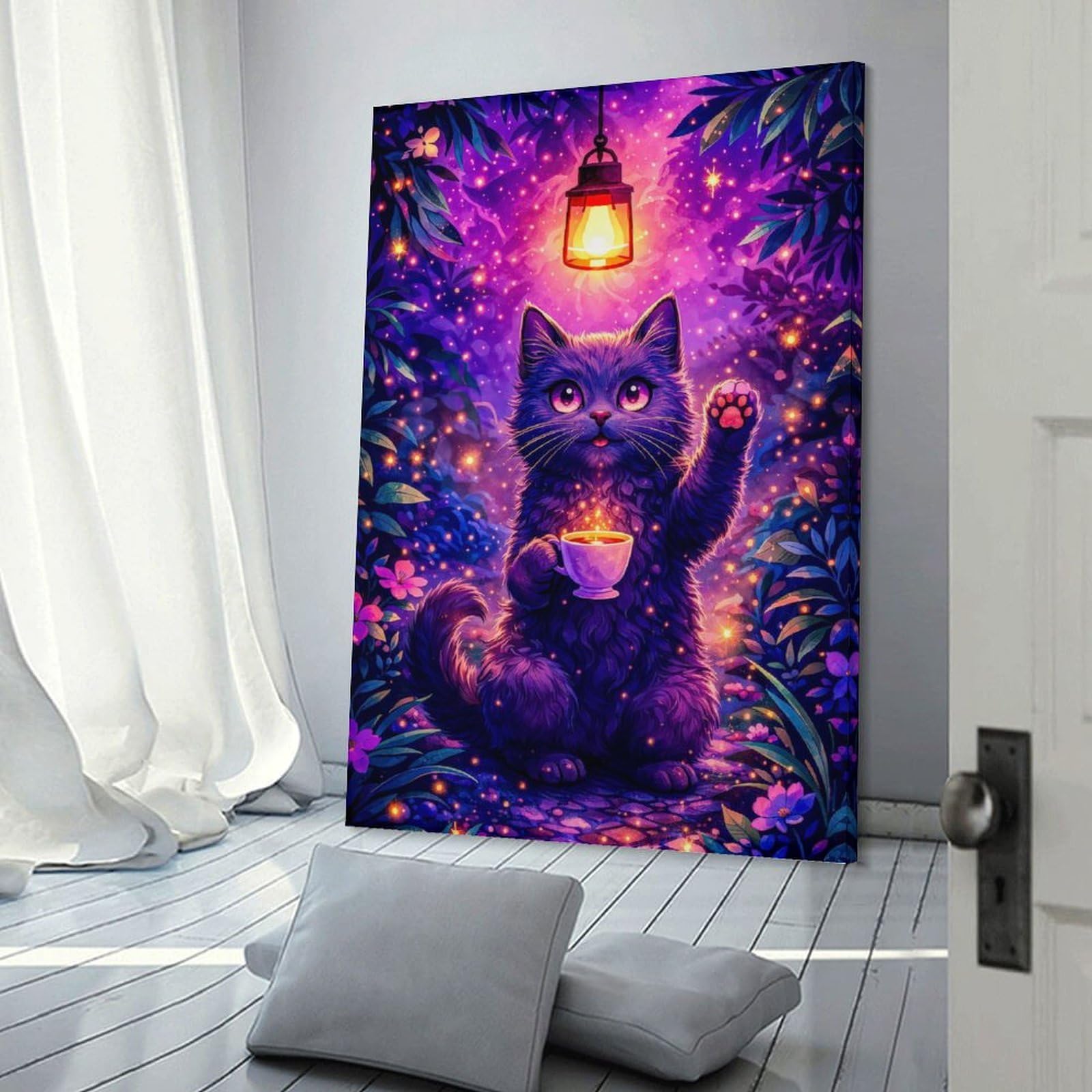 Junmoney Frame-Style-4 Enchanting Cat With Tea In Magical Forest Decorative Canvas Print, 24X36inch(60X90cm), For Home, Office, Studio Or Guest Room, Canvas Wall Art That Fits Changing Layouts