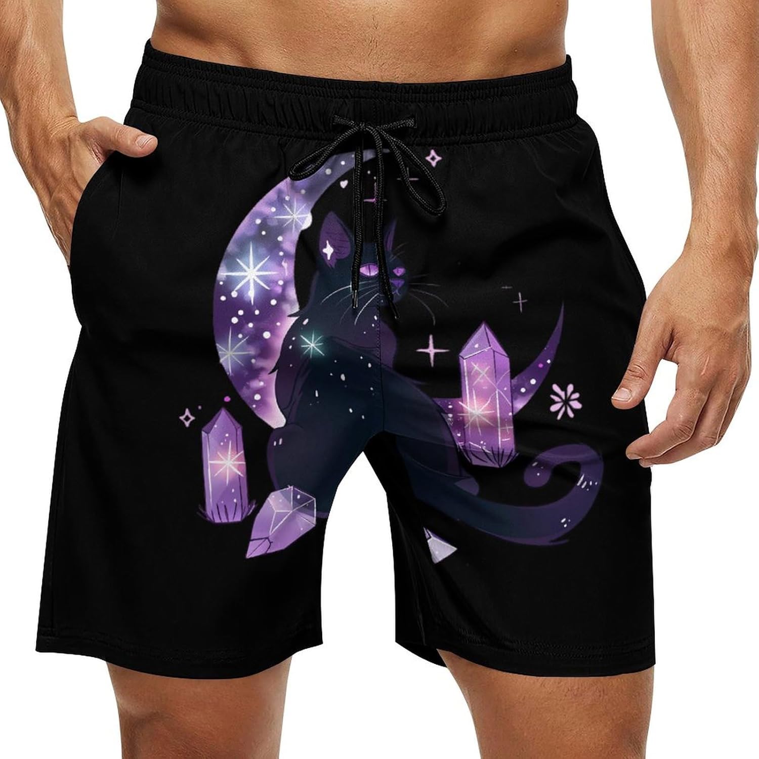 Moon Crystal Witchy Cute Black Cat Casual Men's Swim Trunks Novelty Summer Beach Shorts Swimwear with Pocket