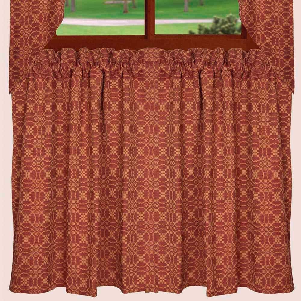 Marshfield Jacquard Barn Red and Tan 72" x 36" Lined Cotton Curtain Tiers by Raghu