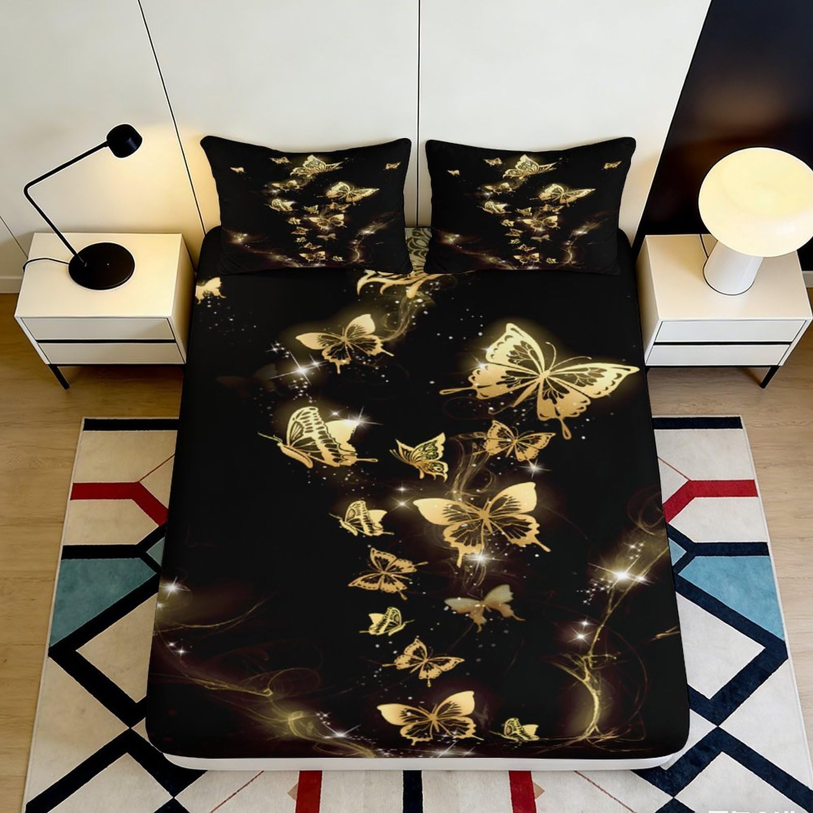 3D Printed Golden Butterfly Fitted Sheet Microfiber Soft Breathable Shiny Butterfly Bed Cover for Bedroom Dormitory Guest Room Mattress Protection 160x200x25cm
