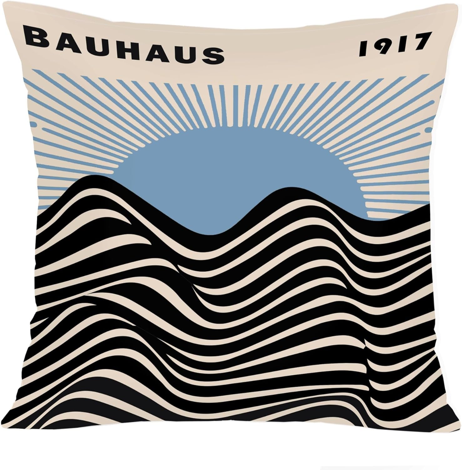 Ethan Taylor Abstract Throw Pillow Soft Cushion Cover 'Blue Bauhaus Waves & Sun Patterns Waves' Bohemian Pattern Decorative Square Accent Pillow Case, 16x16 Inches, Blue, Black