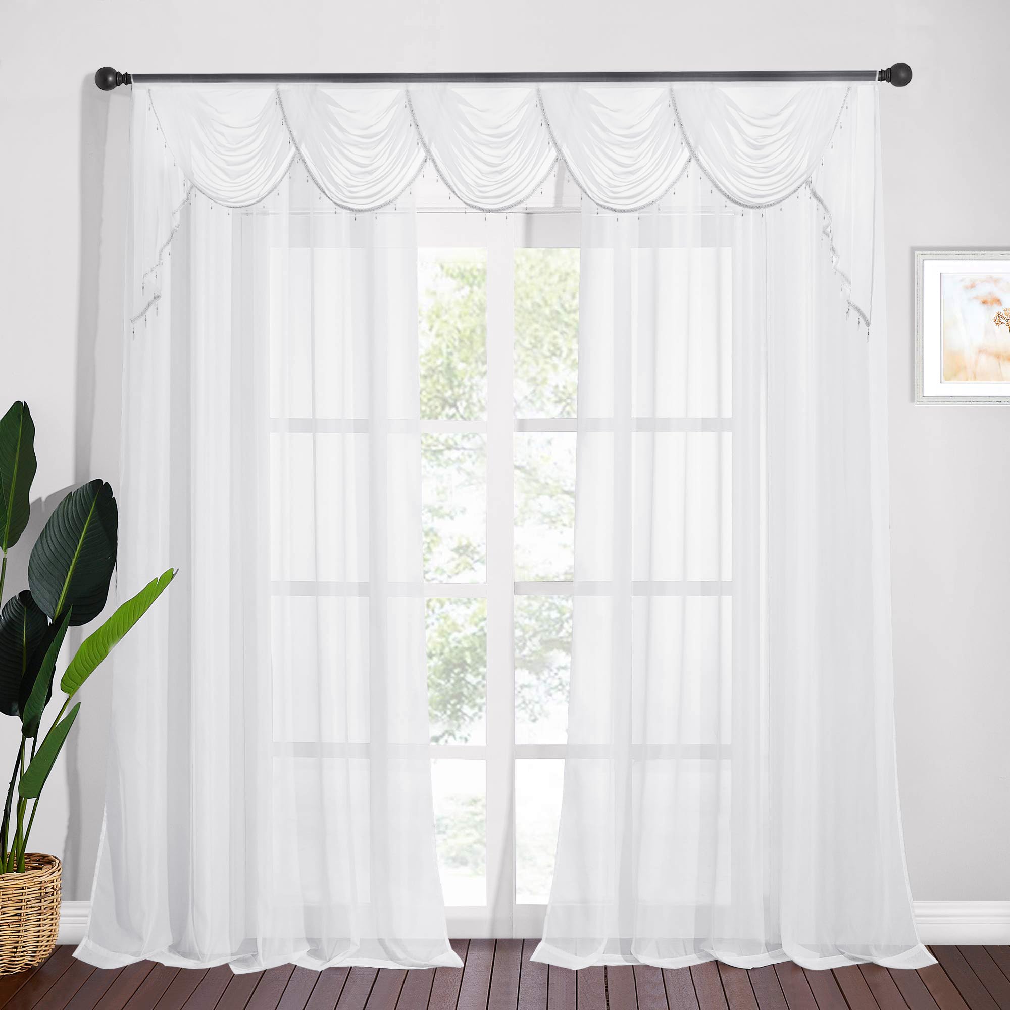 NICETOWN 1 Panel 70" x 108" Grommet White Sheer Curtains with 1 Piece Rod Pocket 110" x 40" White Waterfall Sheer Valance