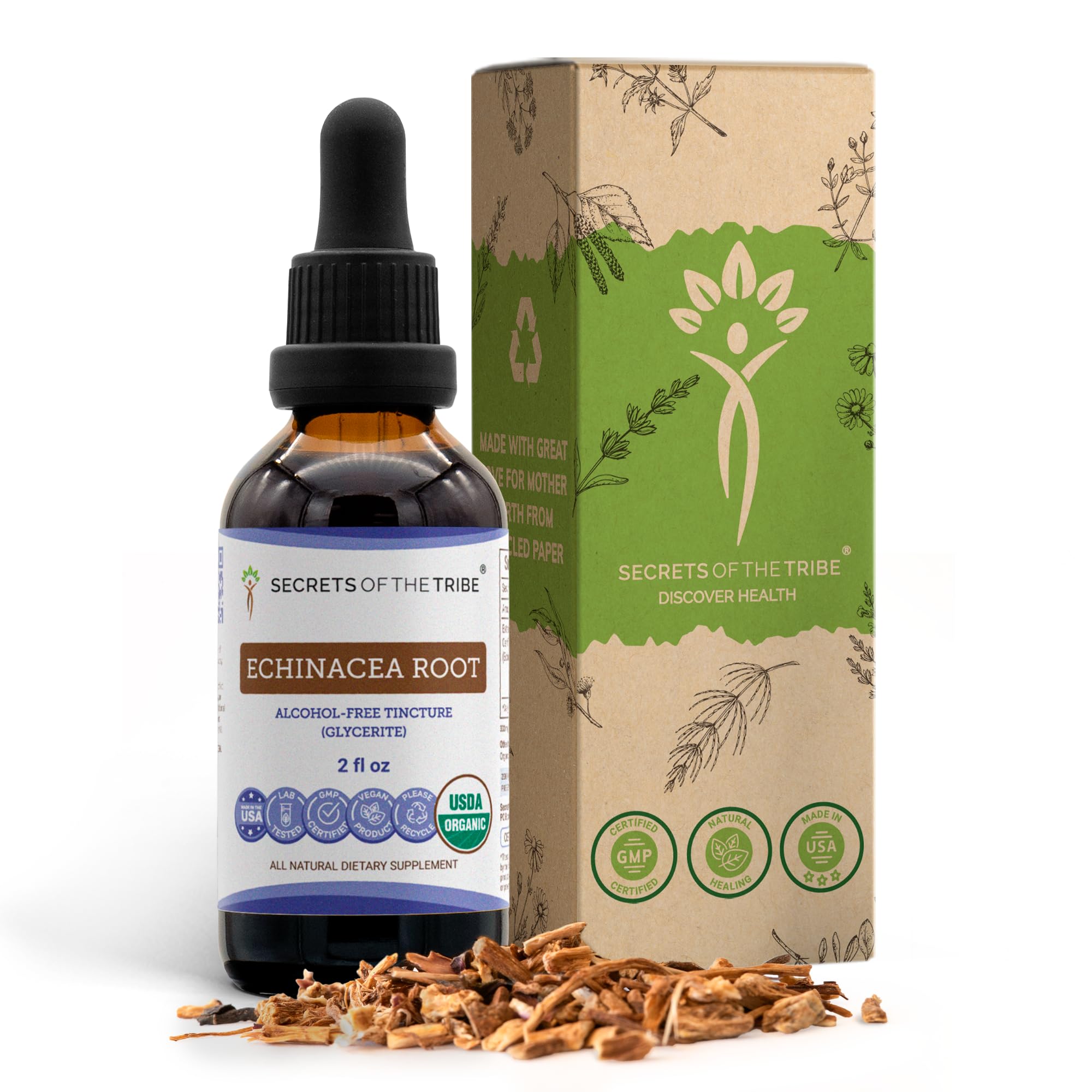 Secrets of the Tribe Tintura de Equinácea em Gotas, Raiz Orgânica de Echinacea purpurea, 60 mL