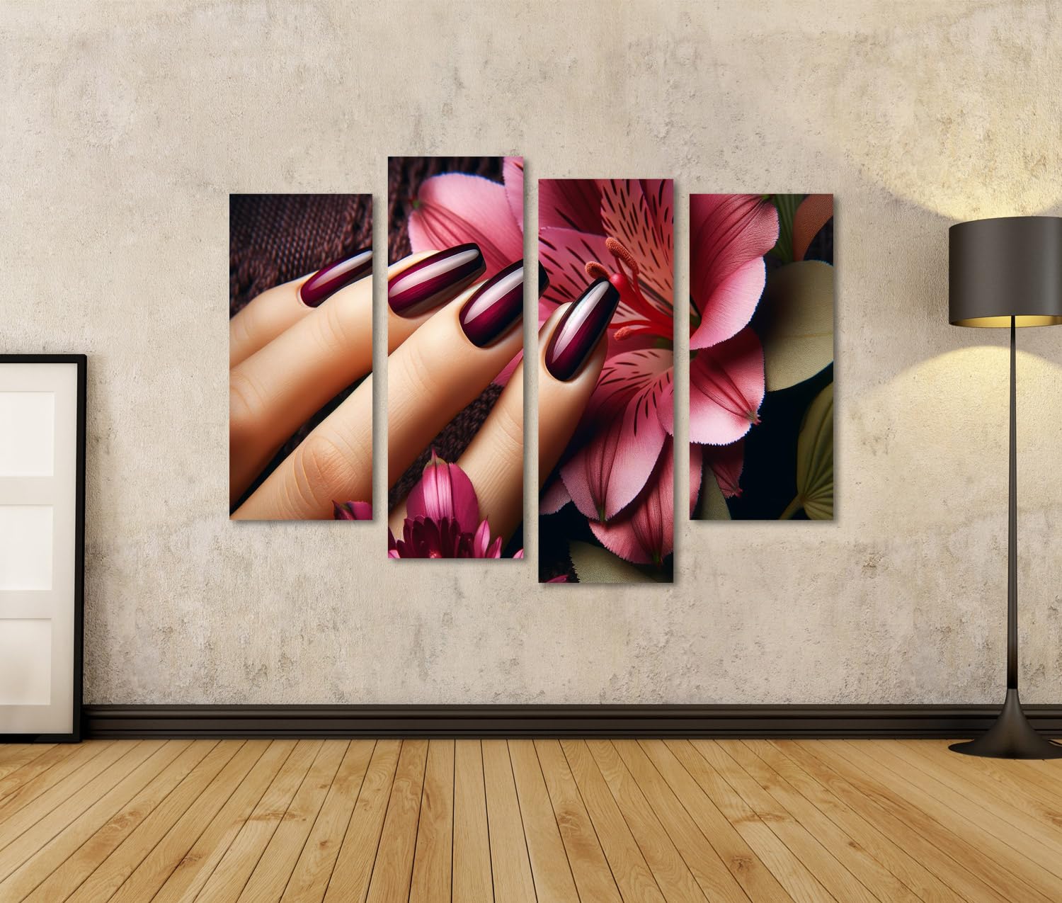 islandburner Prime Bild auf Leinwand Elegante Maniküre mit Tiefmaroon Lack und Blumenhintergrund Beauty Salon Nagelstudio Bilder Wandbilder Poster