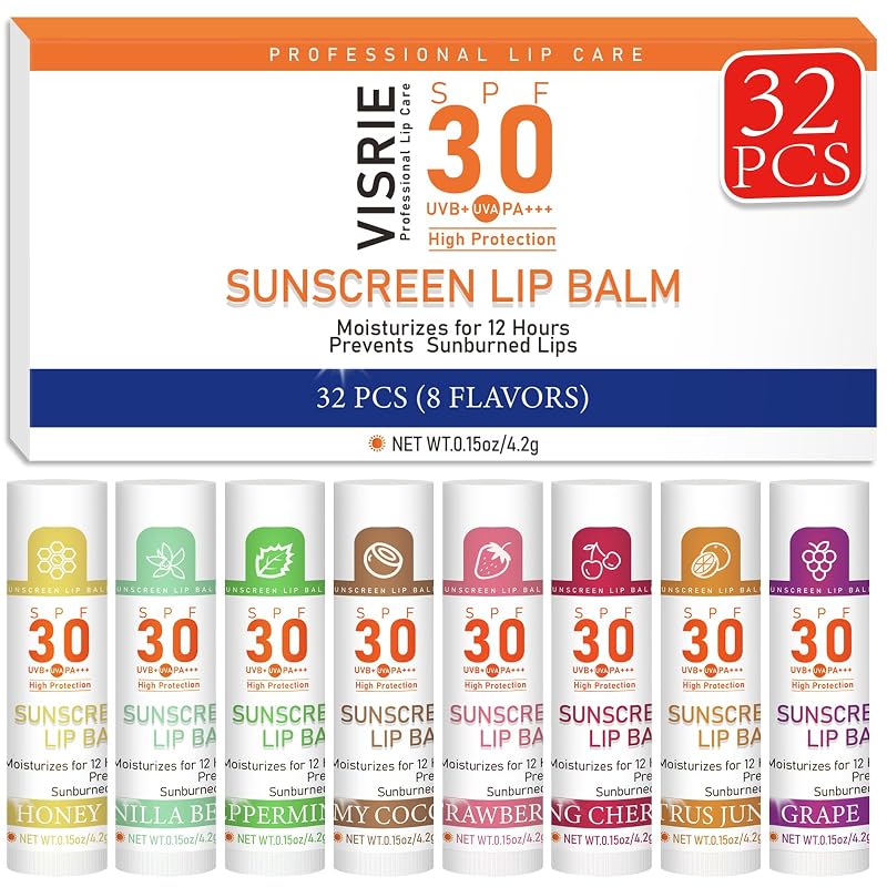 Bálsamo labial com designação técnica SPF 30, Pacote com 32 unidades e 8 sabores