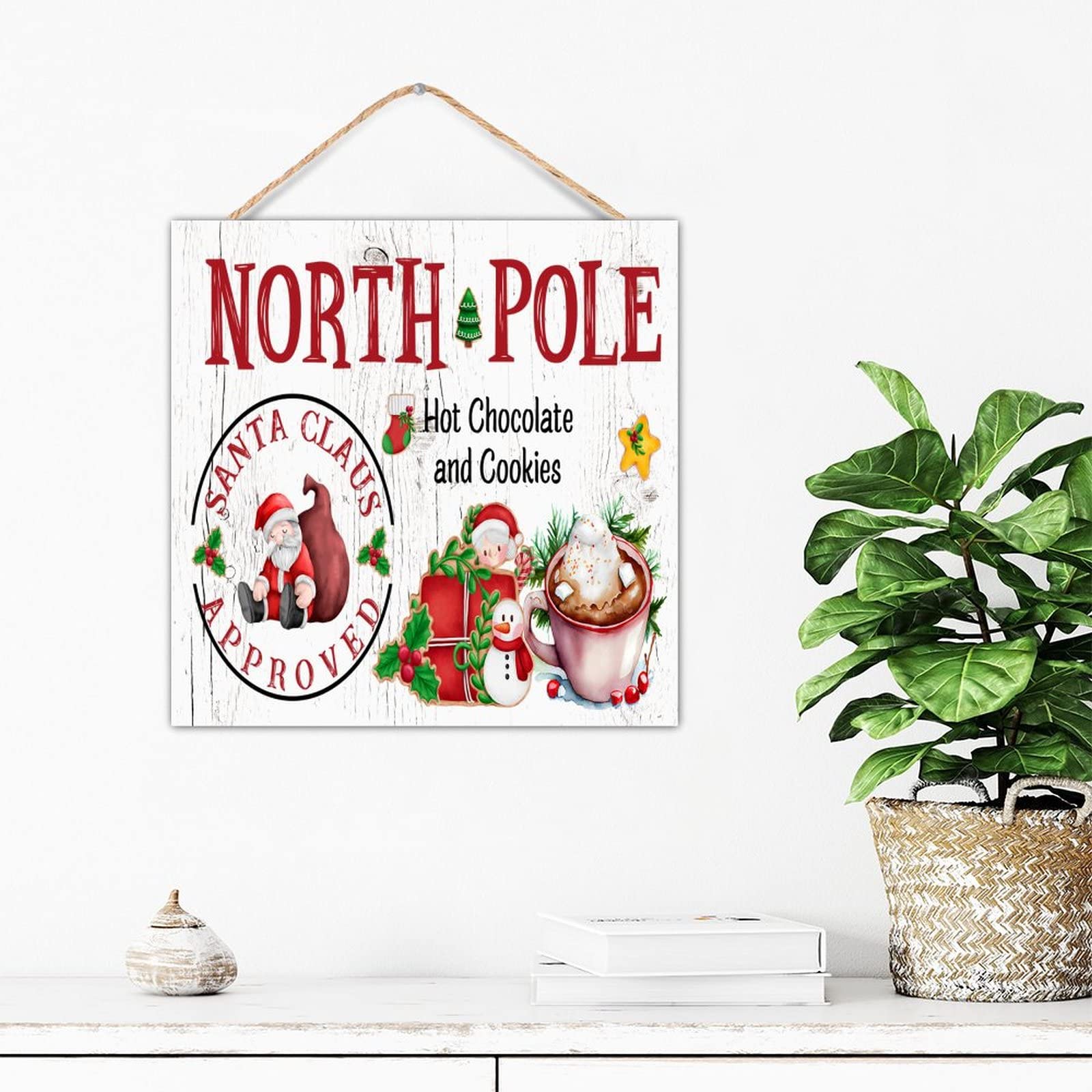 Plaque murale en bois rustique rétro Cacao Chaud du Père Noël pour décoration intérieure