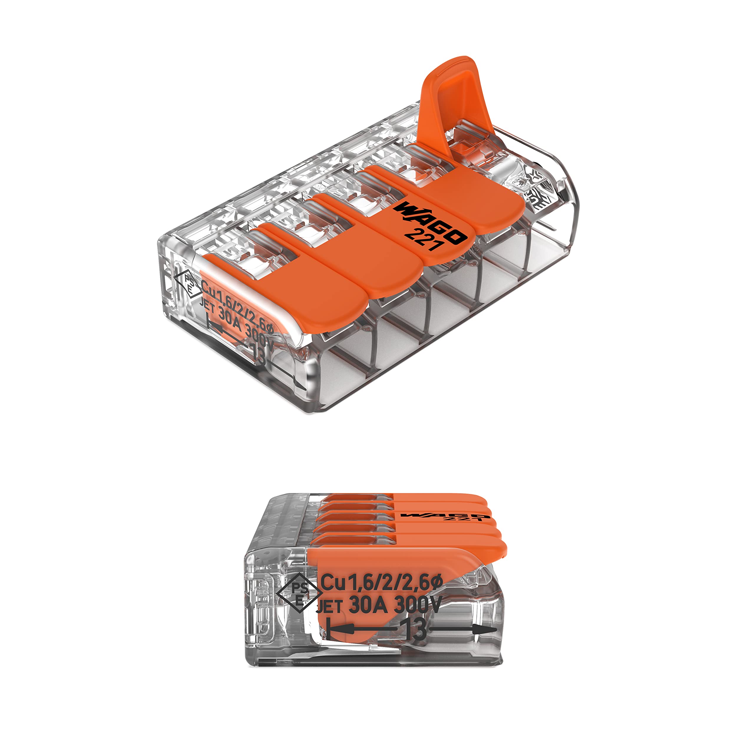 WAGO 221-615 - Dadi a leva, 5 conduttori, connettori compatti per 10 AWG (confezione da 25)