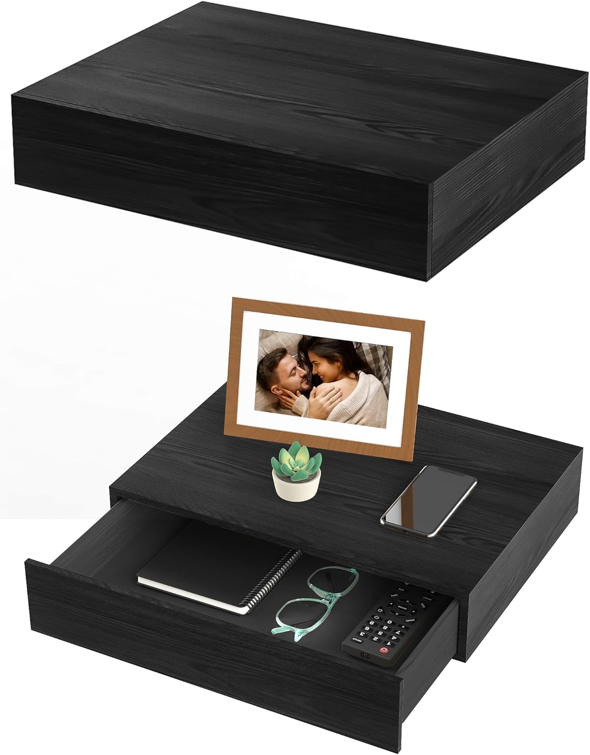 NiHome 80lbs Wall Mounted Floating Shelf with Drawer – 2-Pack Black Rustic Wood Nightstand for Bedroom, Living Room, Kitchen