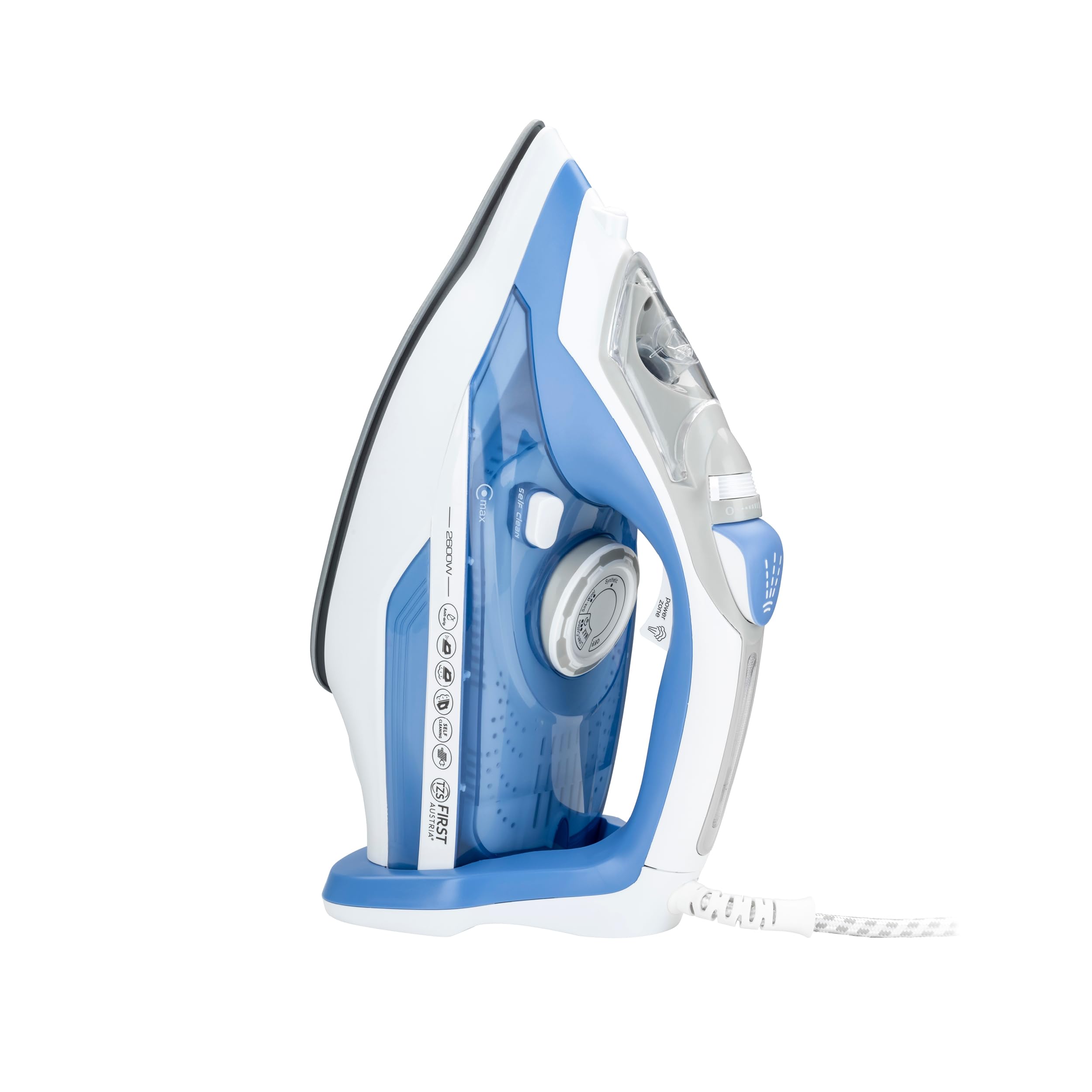 TZS First Austria - Ferro da Stiro a Vapore 2600W - 450ml - 91 Fori Vapore - 35g/min Vapore & Supervapore 1g - Piastra in Ceramica - Anti-Calcare, Vapore Verticale & Autopulizia - Blu