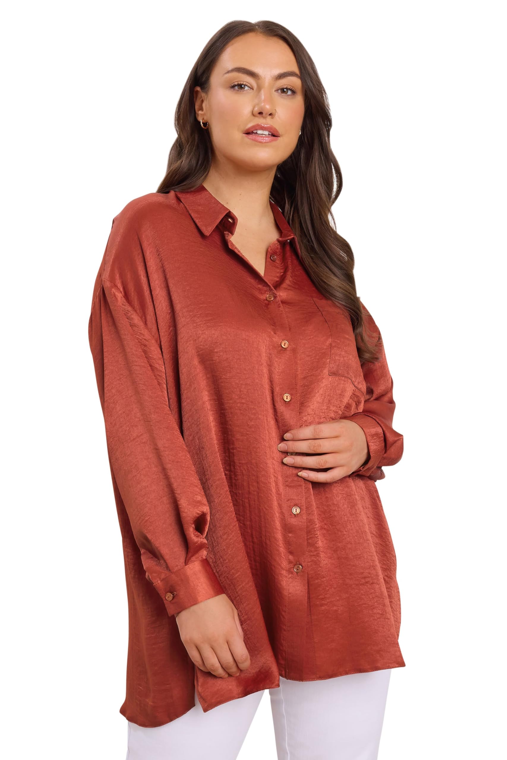 EVANS Curve Rust Metallic Button Through Shirt - Women's - Plus Size Curve