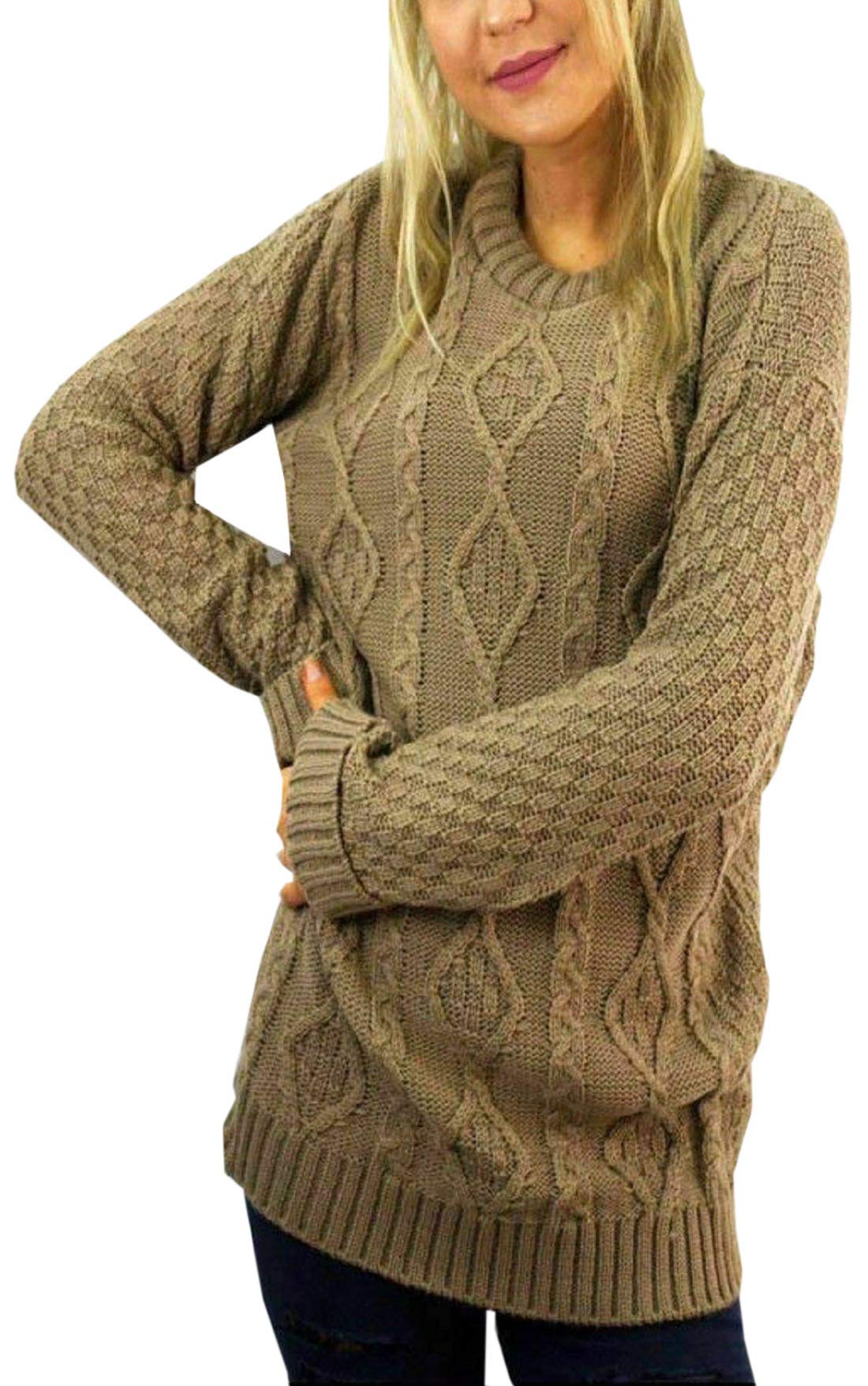 METLUQ M0D4 New Ladies Long Sleeve Chunky Cable Knitted Jumper Crew Neck Winter Sweater Top (Mocha, UK 16-18)