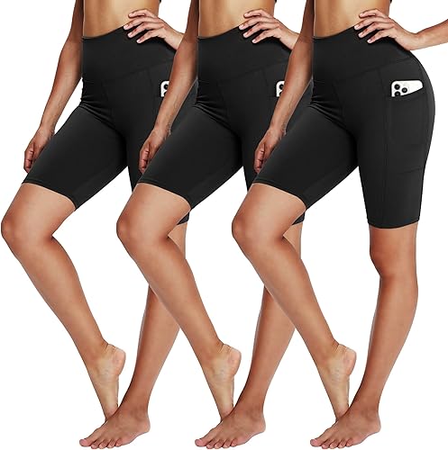 Paquete de 3 pantalones cortos de ciclista para mujer, de 8 pulgadas, color negro, de cintura alta, con control de abdomen, para entrenamiento en