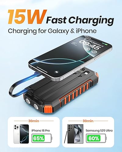 Miniatura 3 de FEELLE Cargador solar para exteriores 27000mAh Power Bank con cables incorporados - Cargador portátil de carga rápida de 15 W con 2 linternas para