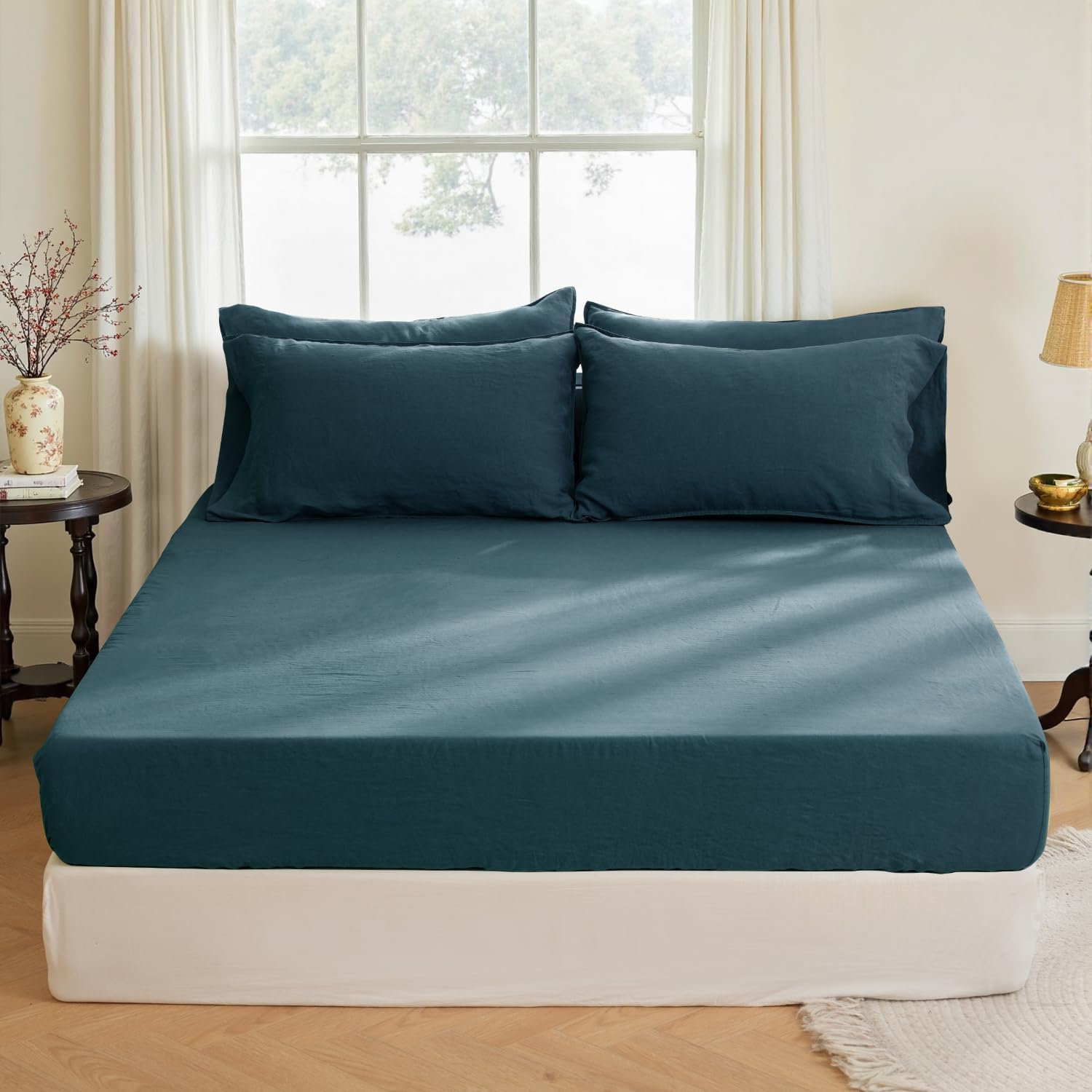 S VICTORY SYMBOL 100% Organic Linen Fitted Sheet 1 Piece King Size,Mattress Cover 15inch Deep Pocket,Stone Washed Natural French Flax Bottom Sheet 78"x80"-Sea Blue