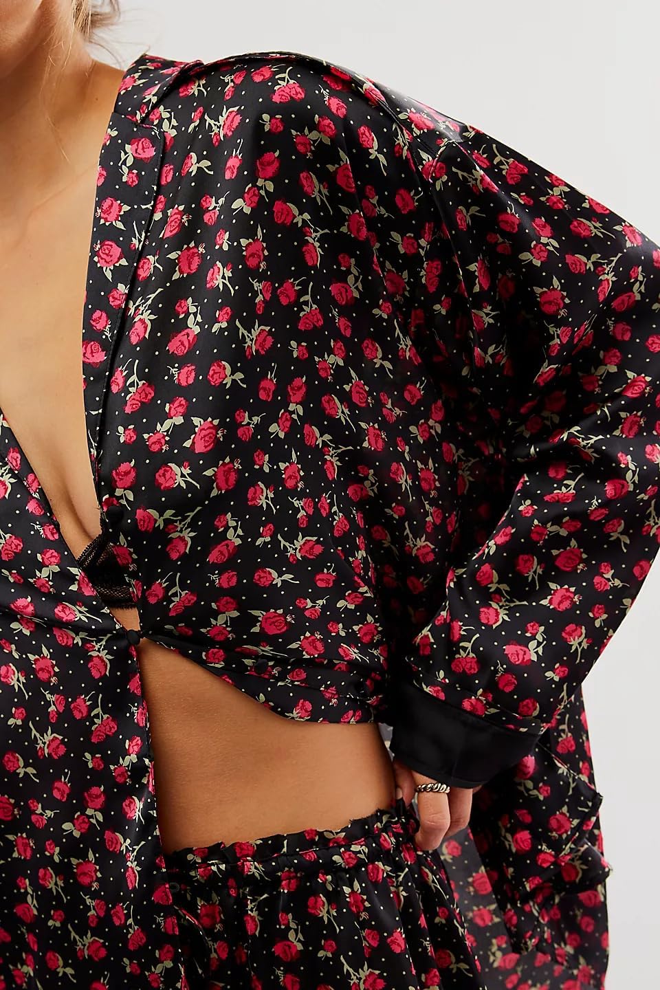 Womens Y2k Silk Pajama Sets Floral Print Long Sleeve Button Down Shirts Wide Leg Pants 2 Piece Lounge Sets - Image 2