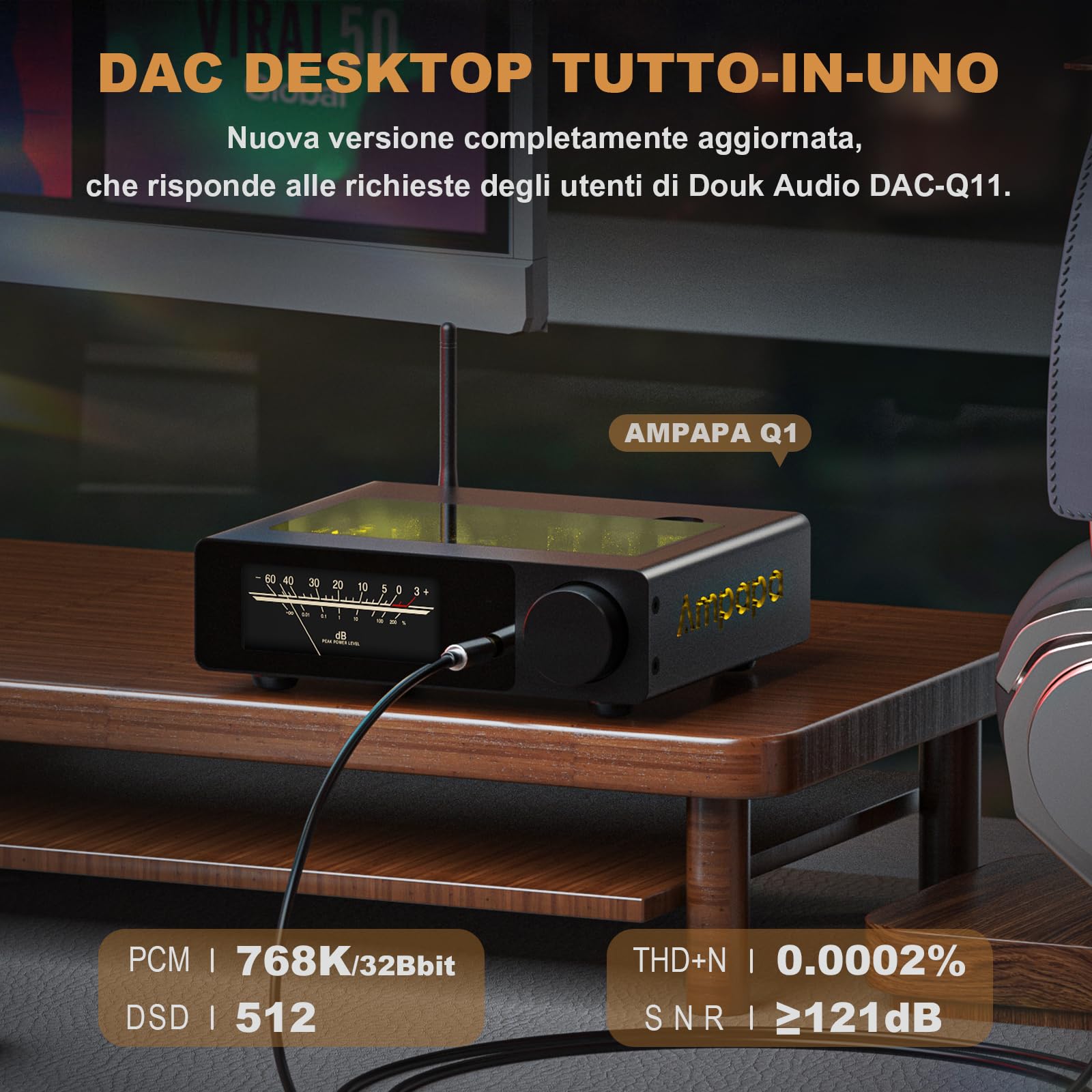 Convertitore Digitale-Analogico Ampapa Q1: DAC USB HiFi 768kHz/32bit DSD512, Amplificatore Cuffie Bluetooth 5.2 APTX-HD con ESS9039+AK4493 per Amplificatori Stereo Domestici e Ascolto da Scrivania