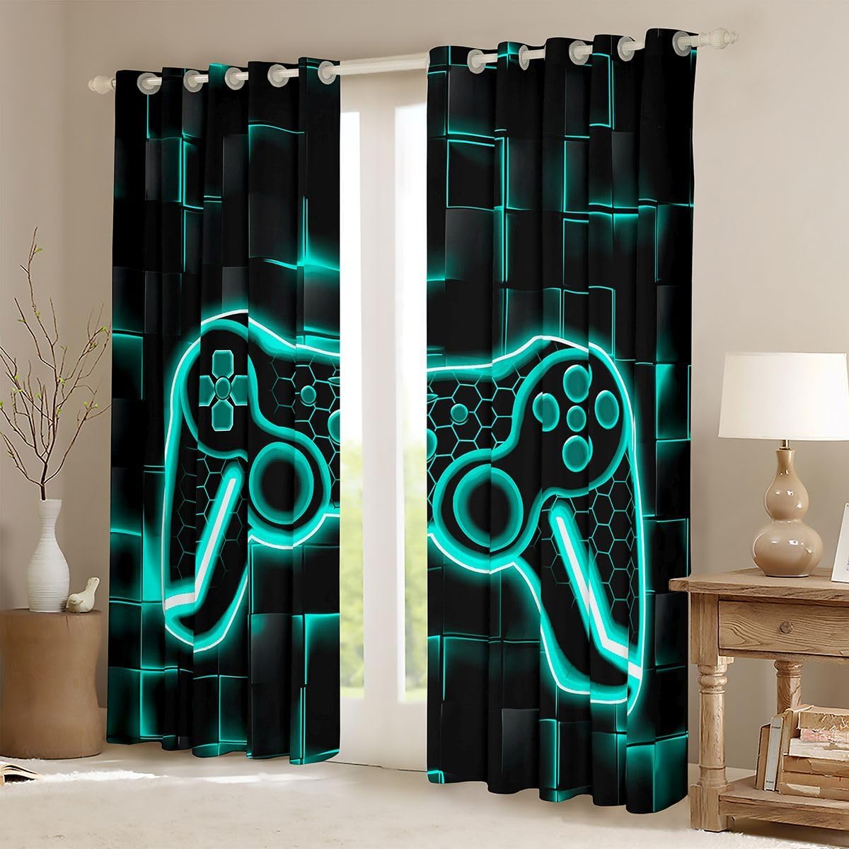 Feelyou Gamer Curtains for Bedroom Living Room (2 Panels, 52 x 84 Inch) Teal Blue and Black Darkening Drapes for Boys Gaming Ombre Blackout Curtains Geometric Square Window Treatments