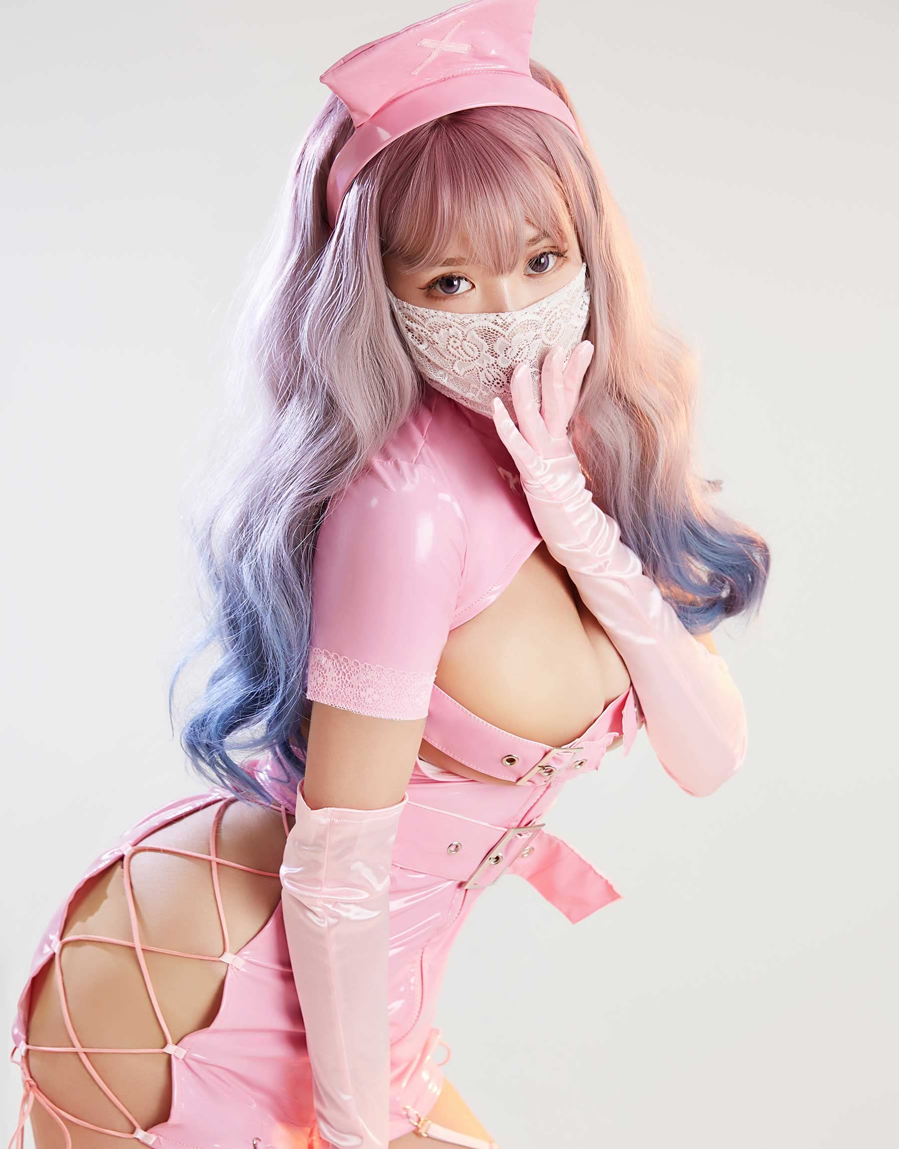 MEOWCOS Women's Nurse Costume Lingerie Dress Cutout Dress and Gloves with Hat and Thigh Socks: Pink Small