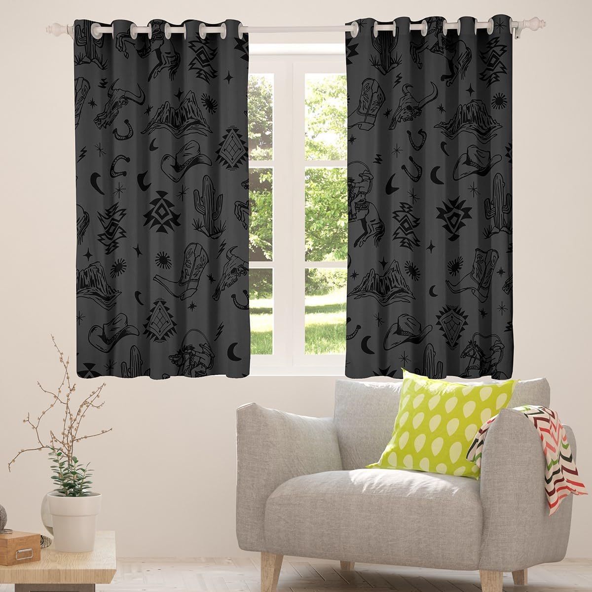 Erosebridal Weatern Blackout Curtains 38" Wx54 L, 2 Panels Aztec Window Curtains Wild West Cowboy Boots Hats Window Treatments Drapes for Bedroom Sun Moon Mountains Dark Grey