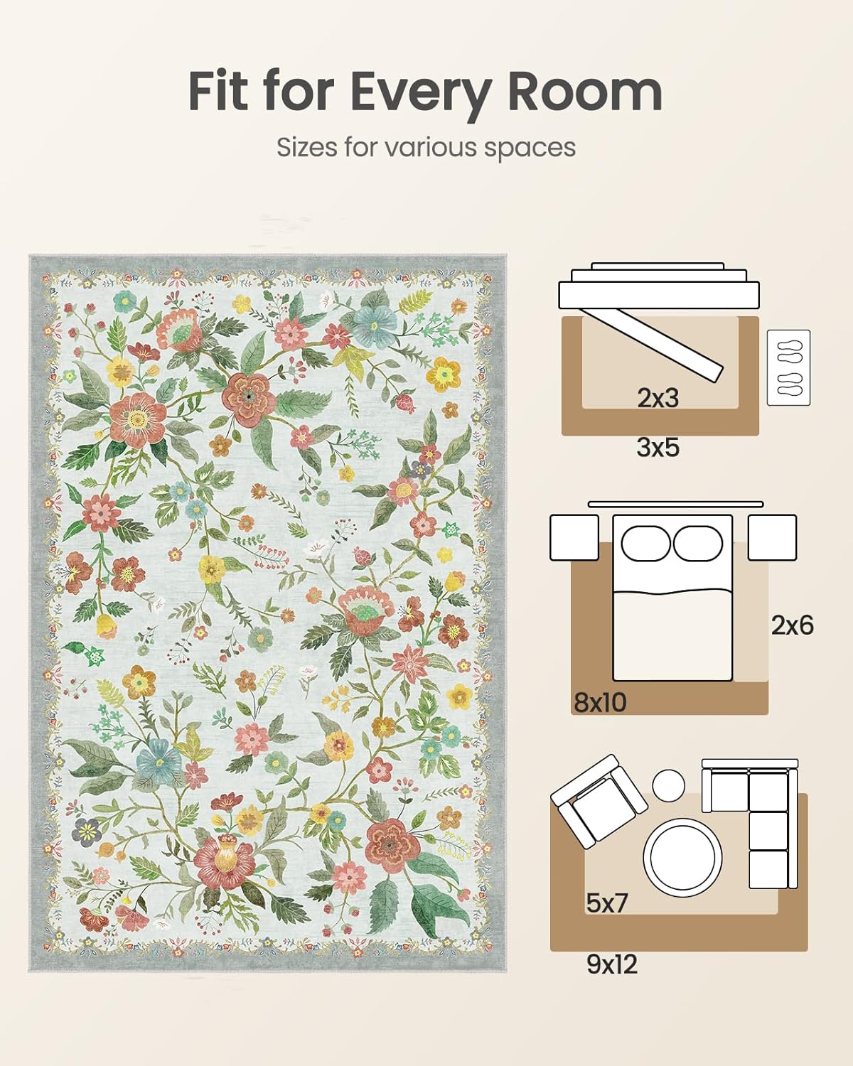 Amada 2x6 Washable Runner Rug, Non-Slip & Low-Profile Kitchen Area Rug with Durable Edge Binding, Boho Floral Pattern, Soft Long Entryway Runner Rugs for Bedroom & Hallway