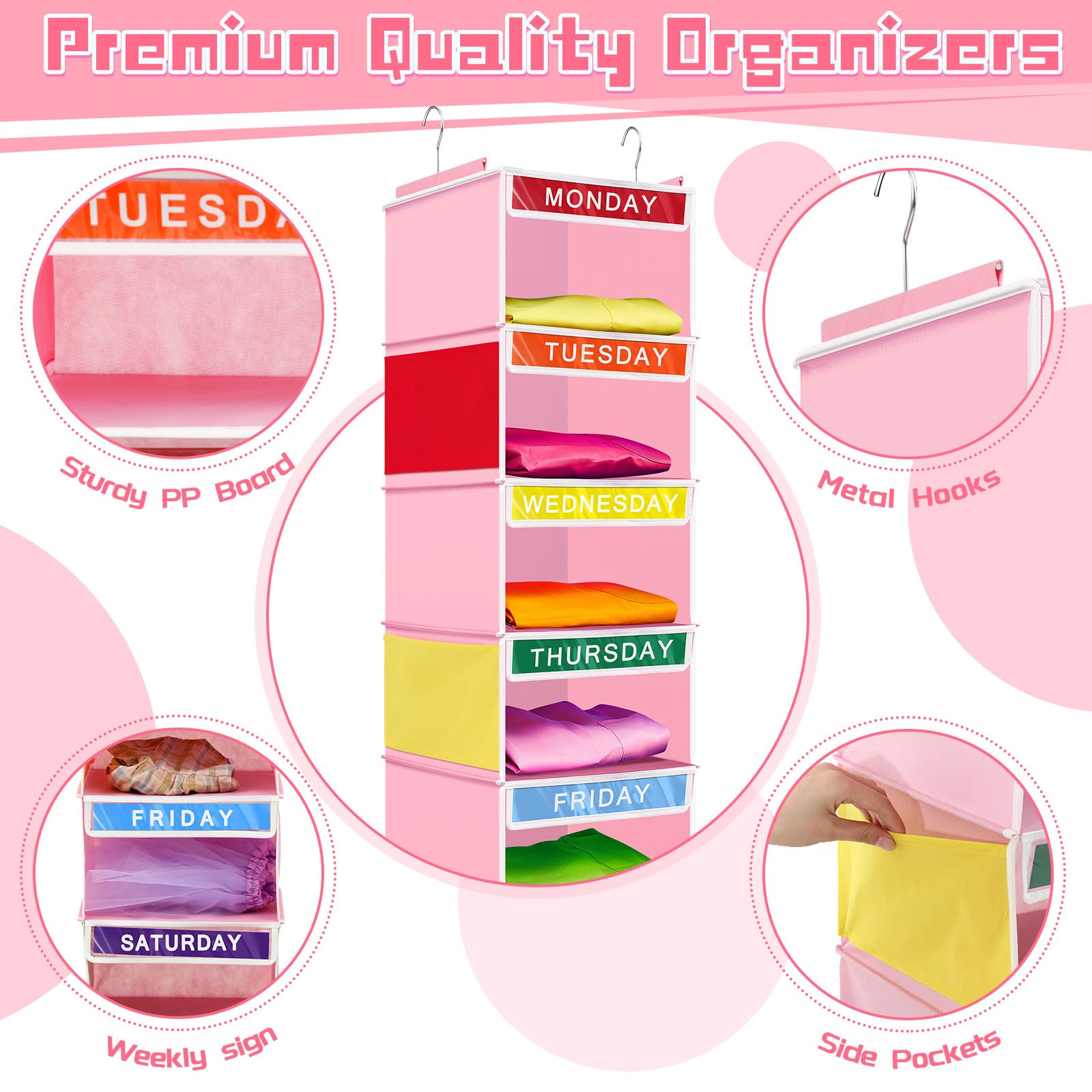 Amylove 2 Pcs 7 Shelf Weekly Hanging Closet Organizer 11.8 x 11.8 x 50 Inches Daily Activity Kids Clothes Storage Organizer Drawers Kids Hanging Cube Organizer Drawers Closet Hanging Shelves (Pink)