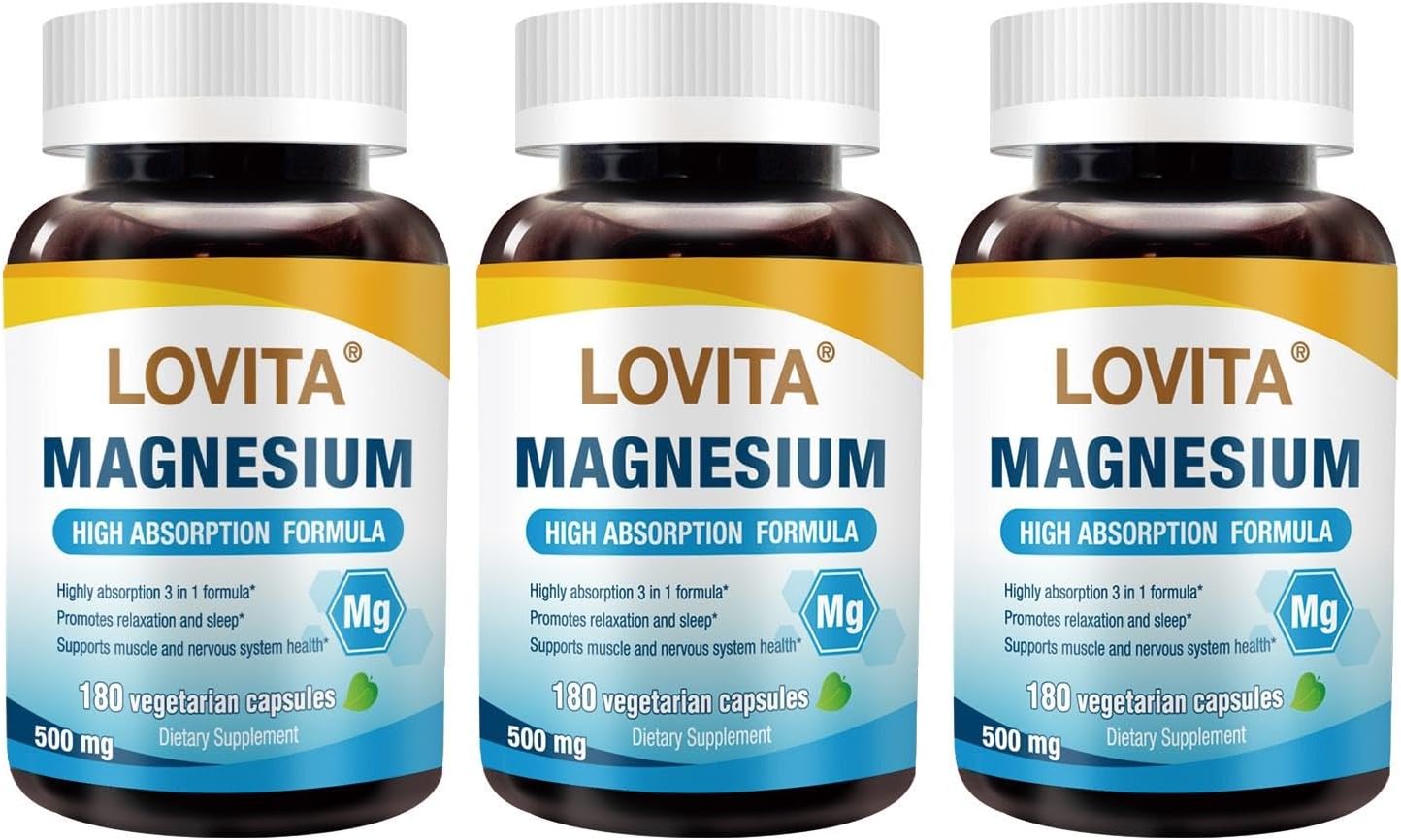 Lovita Triple Magnesium Complex 500mg, High Absorption and Potency Formula, Glycinate, Citrate & Oxide, Support Sleep, Relaxation, Heart, Nerves & Bone Health, 180 Vegan Capsules (Pack of 3)