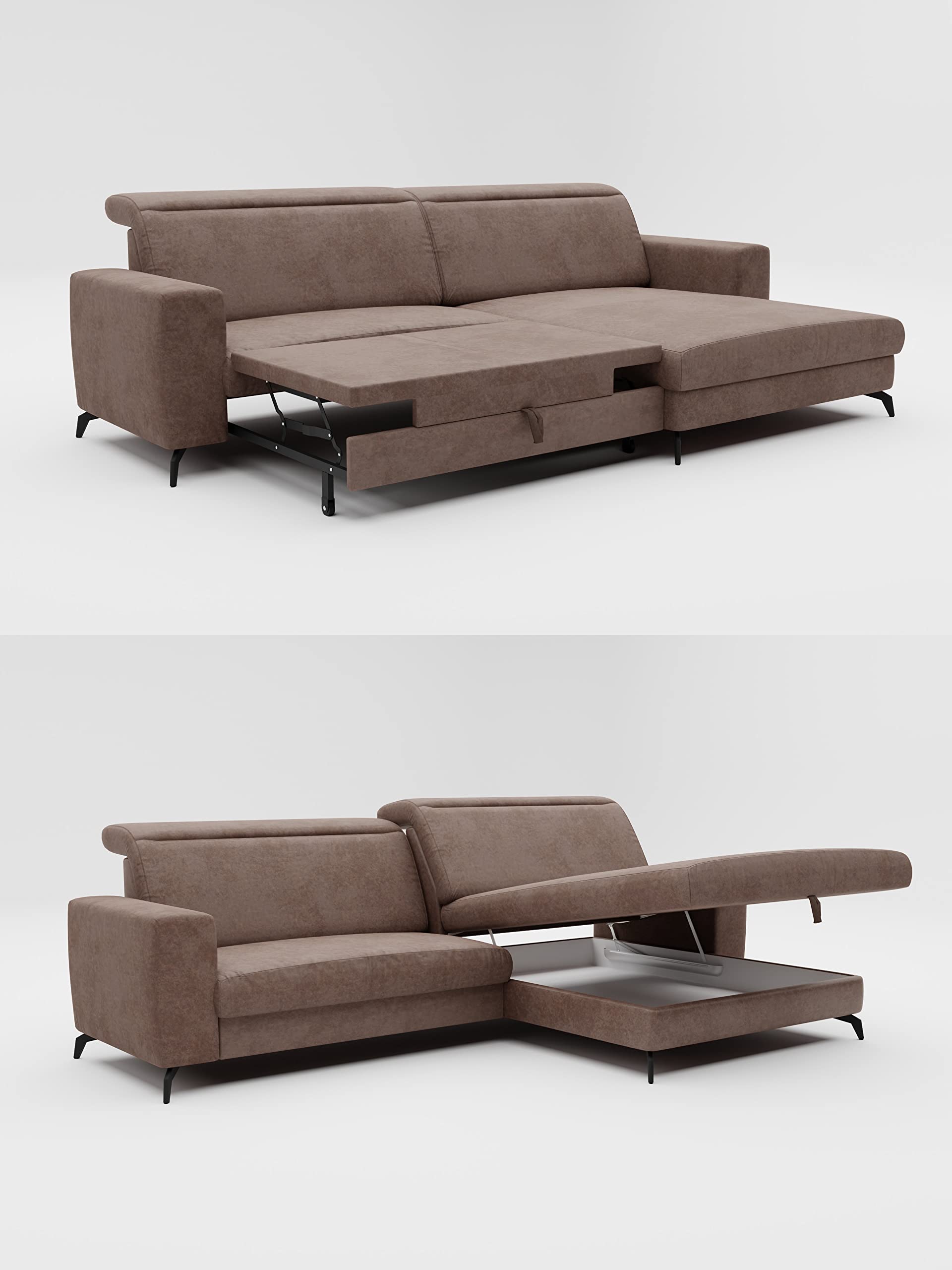 CAVADORE Ecksofa Bounce in Vintage-Leder-Optik / L-Form-Sofa mit Schlaffunktion, Bettkasten + Kopfteilverstellung / 290 x 88-108 x 178 / Mikrofaser, Graubraun