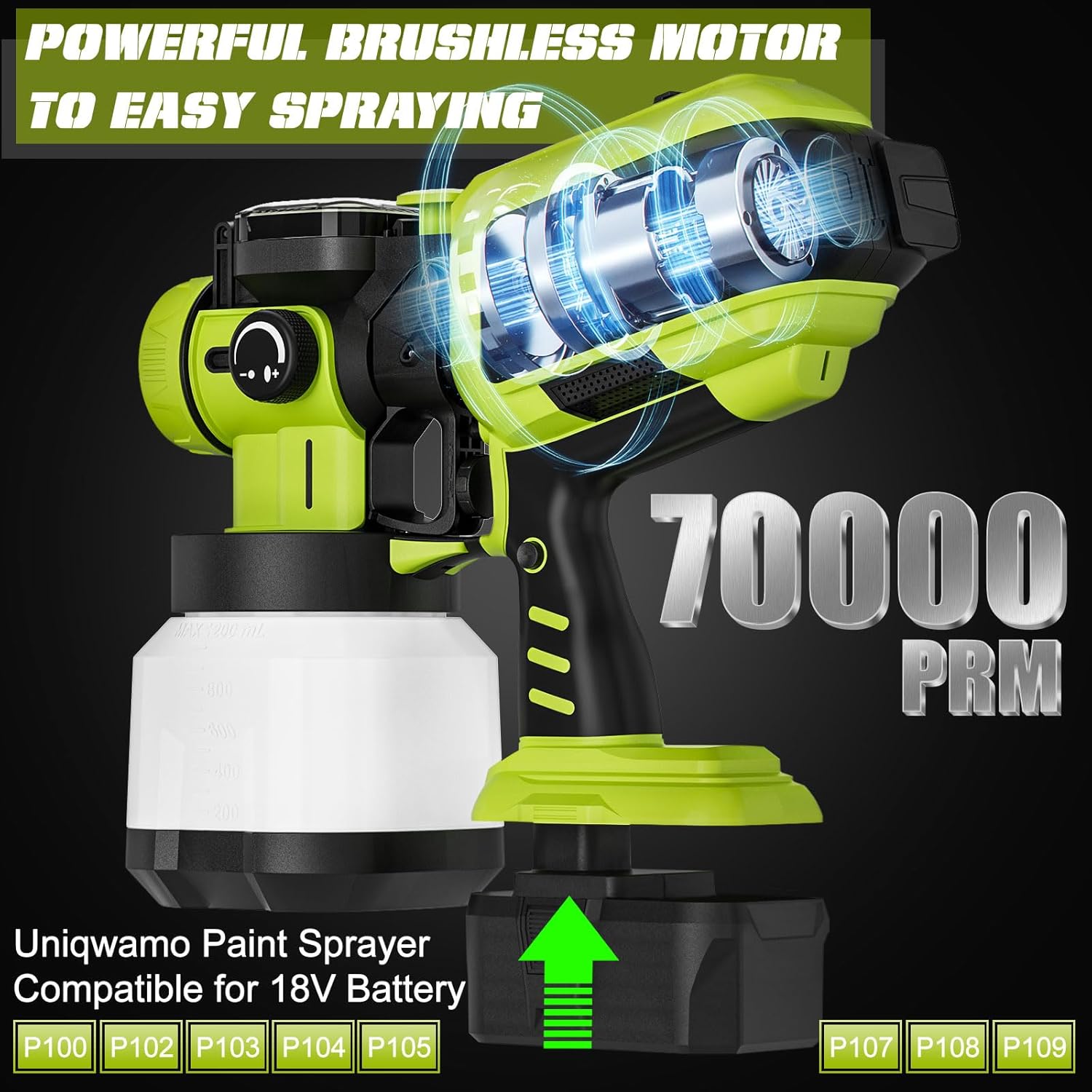 Paint Sprayer Cordless Compatible for Ryobi 18V Battery, 70000PRM Electric Paint Sprayer for Furniture Fence Cabinets Wall Deck House Painting, AUTO Spraying, 1200ml Container & 4 Nozzles (No Battery)