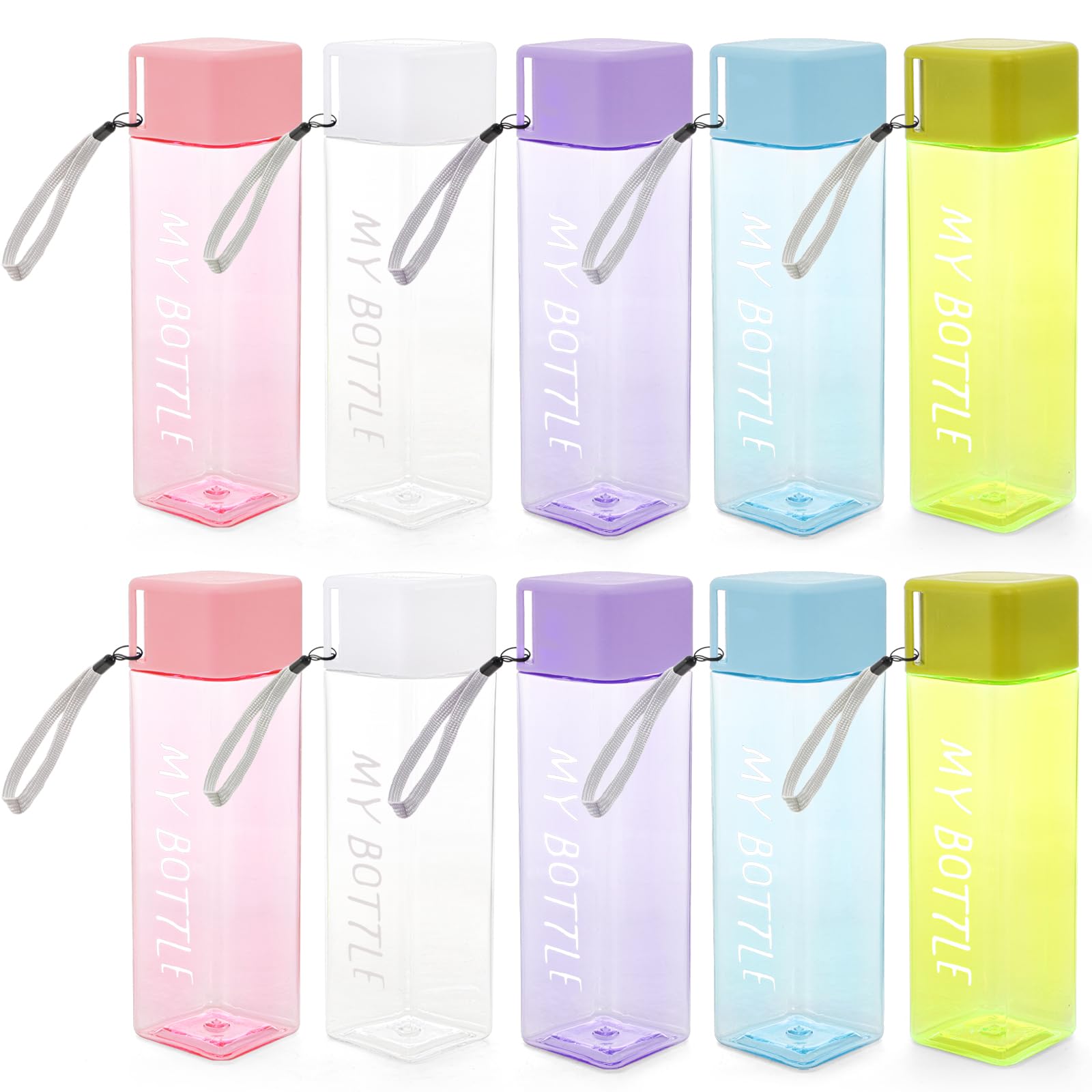 ZEAYEA 10 Pcs Water Bottles Bulk, 15 oz Portable Sports Water Bottle with Lanyard, Leak Proof Reusable Square Plastic Drinking Bottles for Outdoor, Gym, Camping, Fitness, Travel, Office