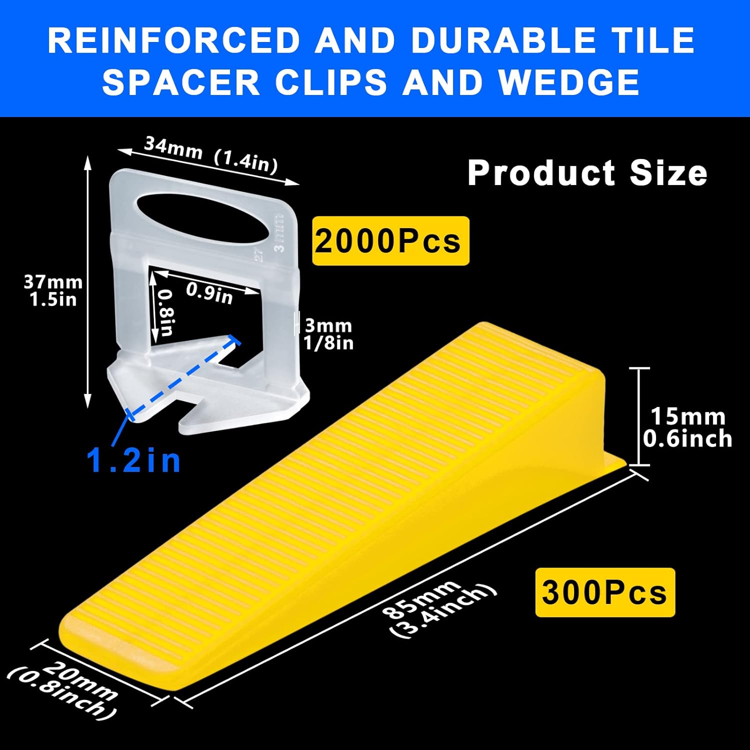 Tile Leveling System Clips 1/8" 2000 Piece Tile Spacers Clips and 300 Piece Reusable Yellow Wedges for Tiles. Tile Tools Set for Professional Ceramic and Stone Installation