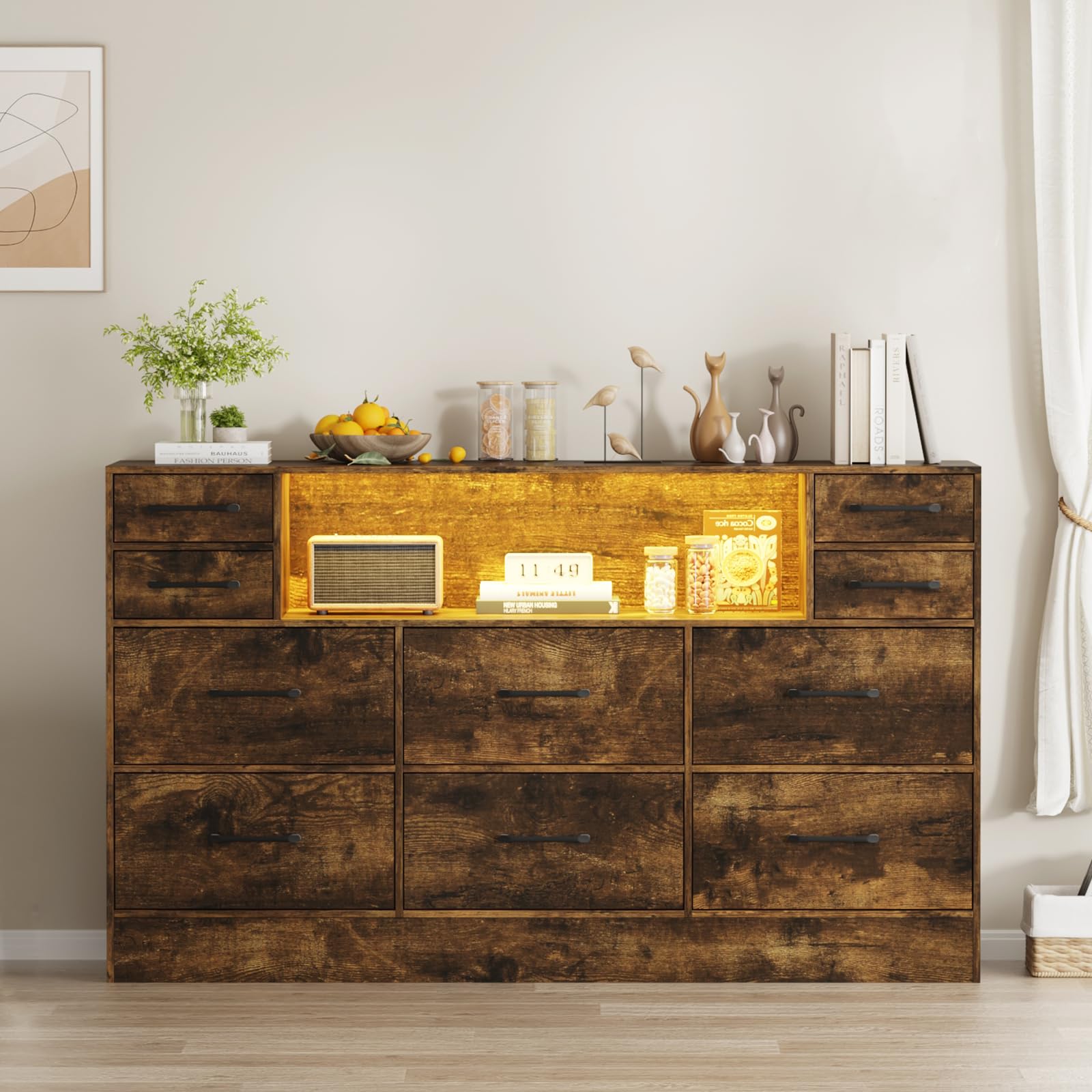 BSTSEL Chest of Drawers with LED Lights, 10 Fabric Drawers, 108x30x72cm Wooden Frame with Black Handles, Large Storage Dresser for Bedroom, Living Room, Hallways, Closet (Rustic Brown) — image 1