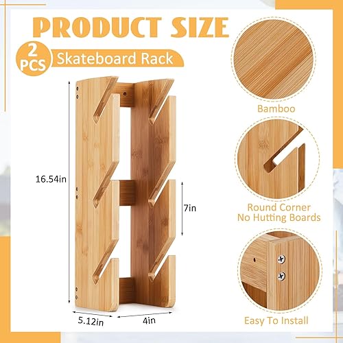 Miniatura 4 de Woanger Paquete de 2 soportes para monopatín, soporte de pared para 3 tablas, soporte de pared de bambú sostenible, soporte de pared para