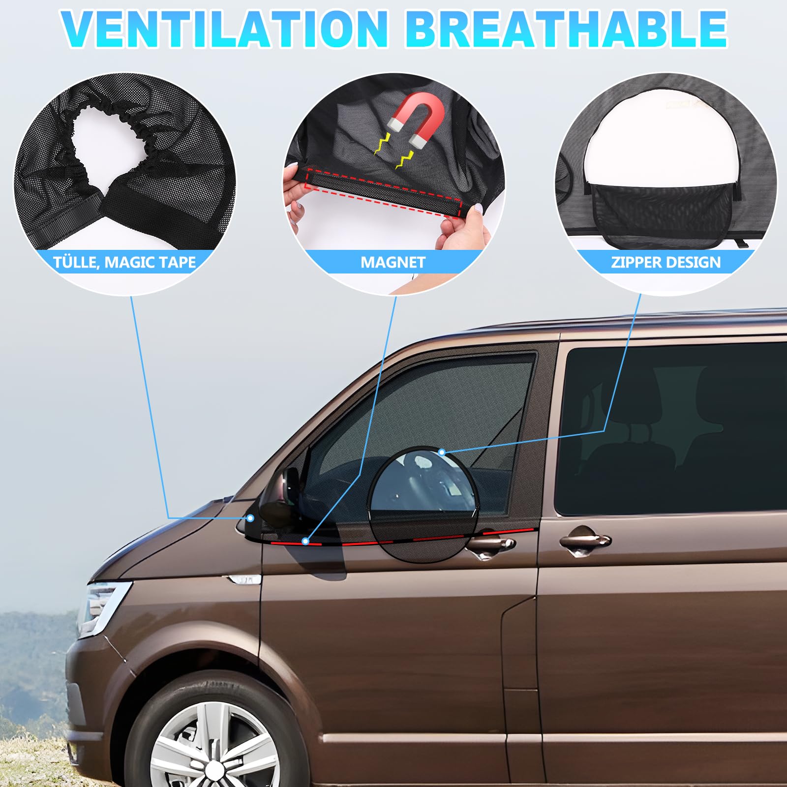 ZATOOTO Magnetische Seitenfenster Insektenschutzgitter passend für VW T4 T5 T6, Autofenster Moskitonetz für Vordertüren, Schutz vor Moskito Atmungsaktiv für Outdoor Camping Reise