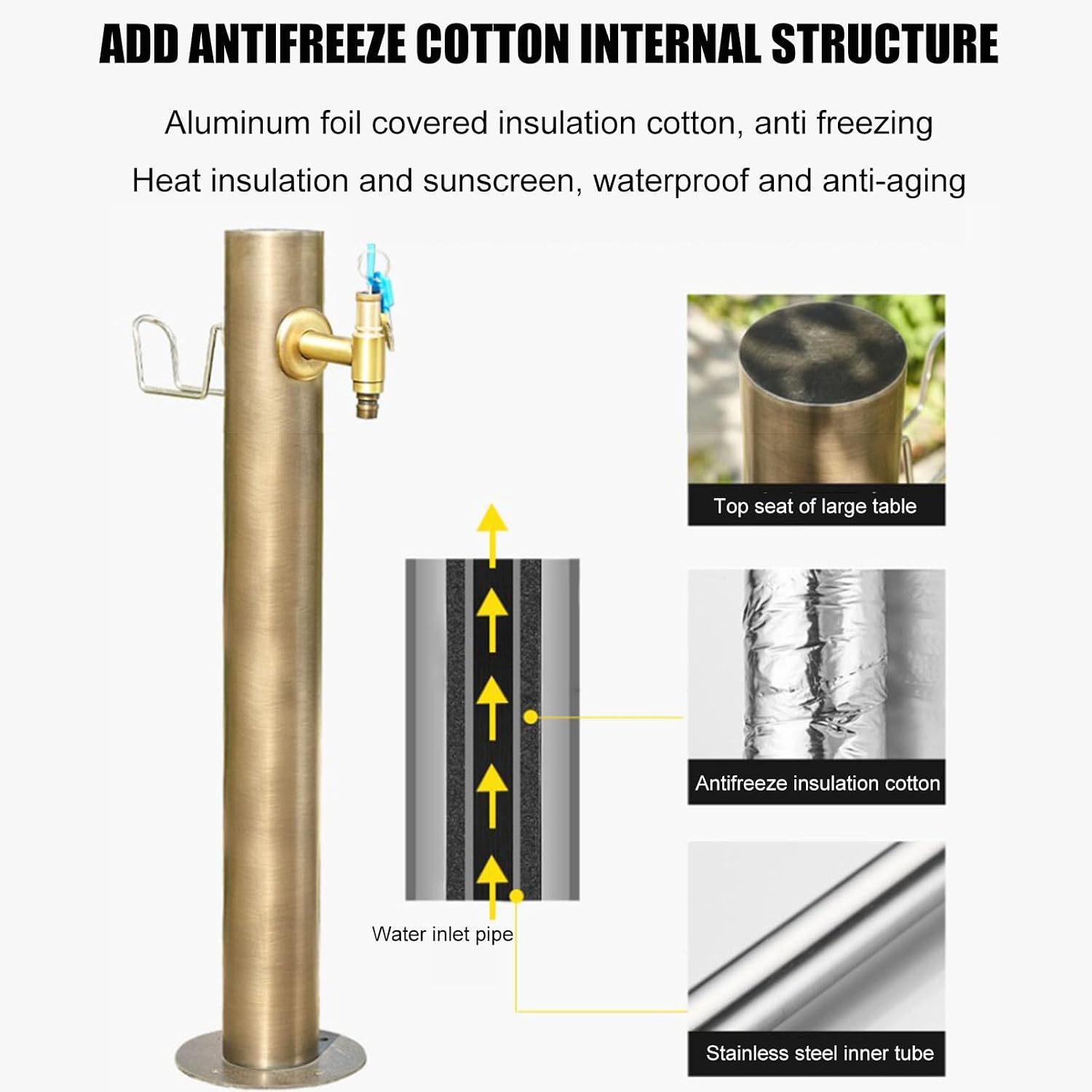 Outdoor Faucet Water Column Garden Fountain, Floor Mount Water Tap Hose Bibb with Brass Faucet, Yard Hydrant Frost Proof Water Feature Water Hose Holder (with Style 3 Faucet 13×86CM)