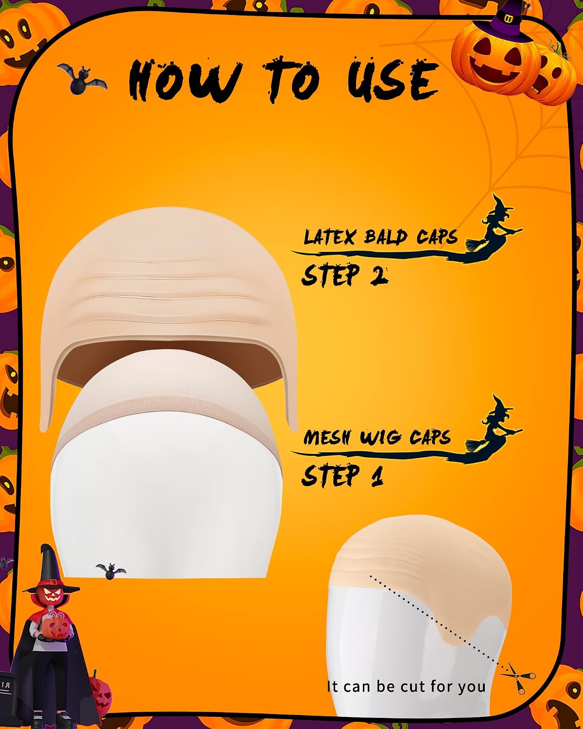 Hoedia 2-Pack Latex Bald Caps with 2 PCS Wig Caps for Adults Women Men, Cosplay Costume Accessories for Halloween Party,11x7