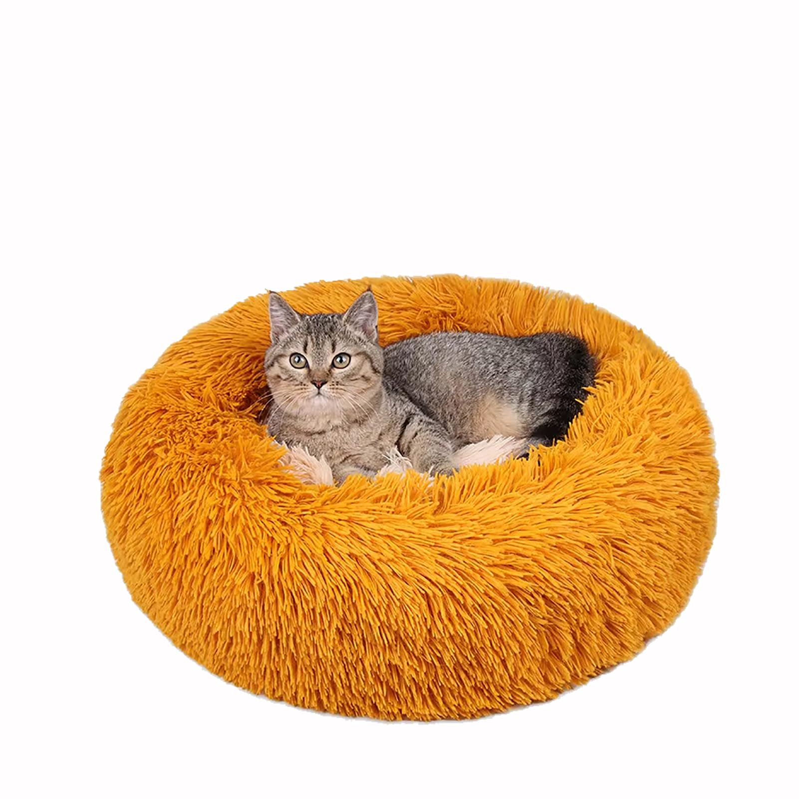 Cat Donut Bed for Indoor Cats, Calming Small Dog Bed, Fluffy Plush Puppy Kitten Cuddler Round Bed Warm Soft Pet Cosy Anti Anxiety Beds with Non-Slip Bottom, Machine Washable,Yellow,40cm/15.75”