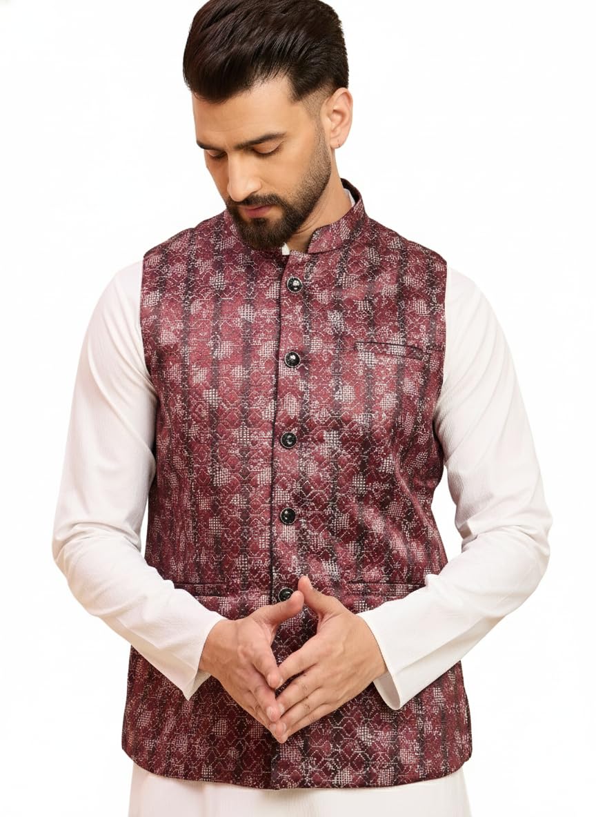 Men Dark red jacquard nehru jacket (HOPMJ0296_L)
