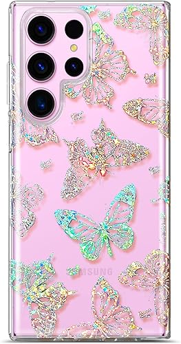Coolwee Funda transparente con purpurina para Galaxy S23 Ultra  6.8 pulgadas, diseño de flores, diseño de mariposa de cristal, para mujeres y niñas,