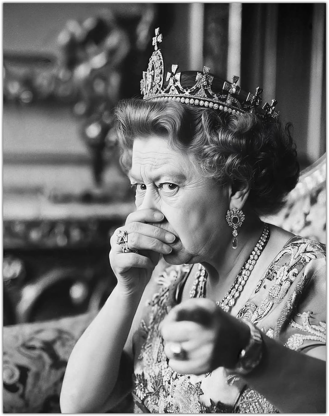 Did You Cut One? Hilarious Queen Elizabeth Black & White Photo - 28x36 Stretched Canvas Poster - Royal Portrait Novelty for Bathroom, Living Room, Entertainment Room - Funny Humorous Gag Quirky Décor