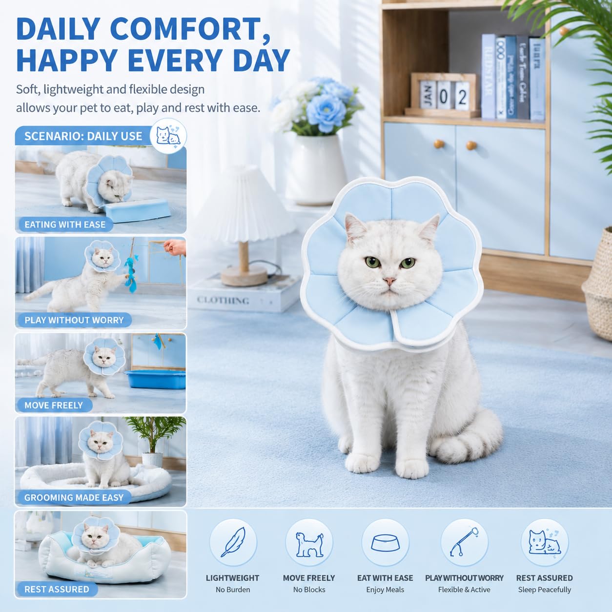 Avont エリザベスカラー 犬用 猫用 ソフト 軽量 手術後 傷口保護 舐め防止 引っ搔き防止 （ブルー）