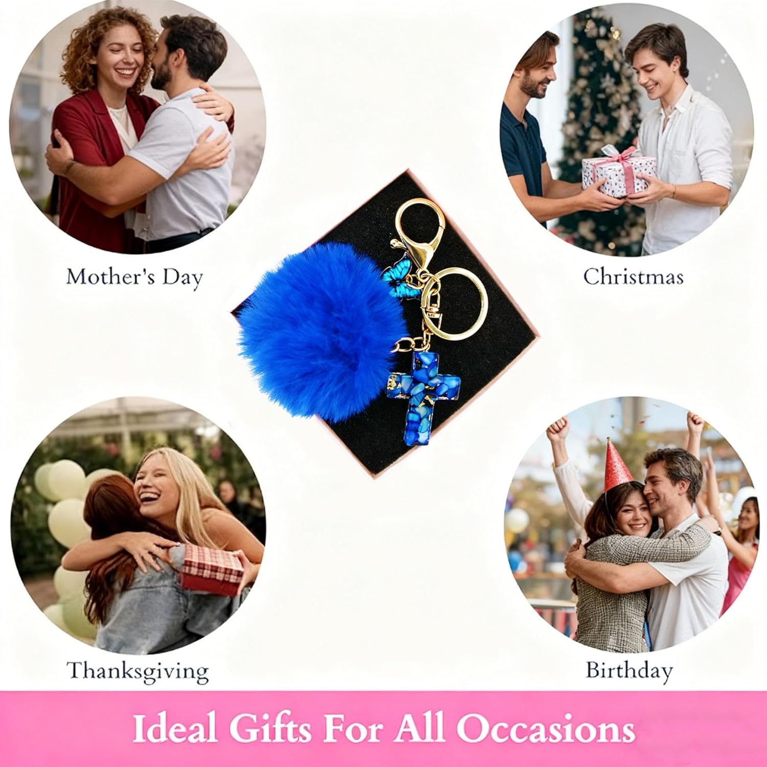 1Pack Cross Pom Pom Keychain with Tassel Butterfly Cute Initial Keychain for Key Handbag Backpack - Image 8