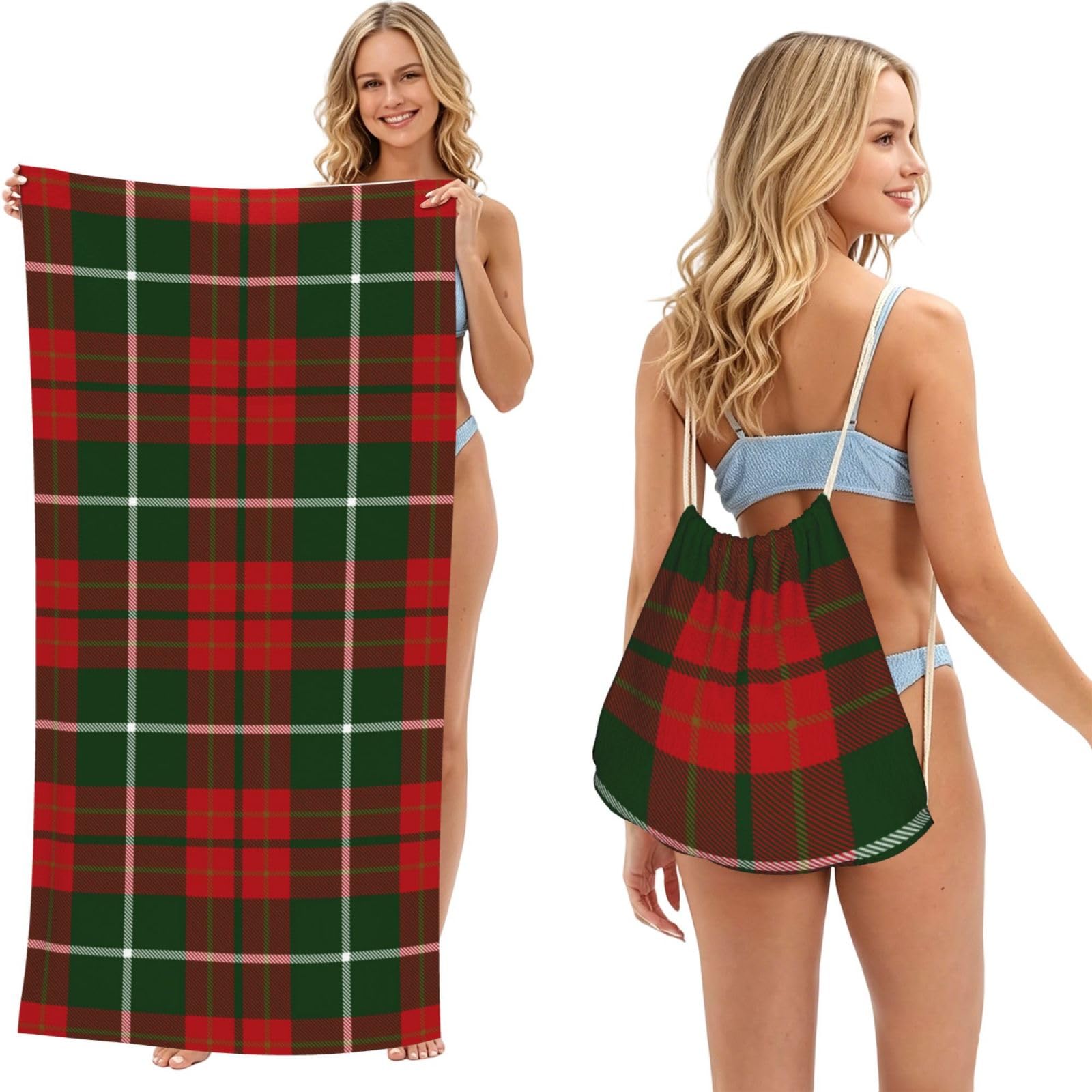 Poadnly Christmas Decorative Tartan, 2 in 1 Packable Towel Bag, Beach Towels with Drawstring Backpack for Travel Holiday Camping