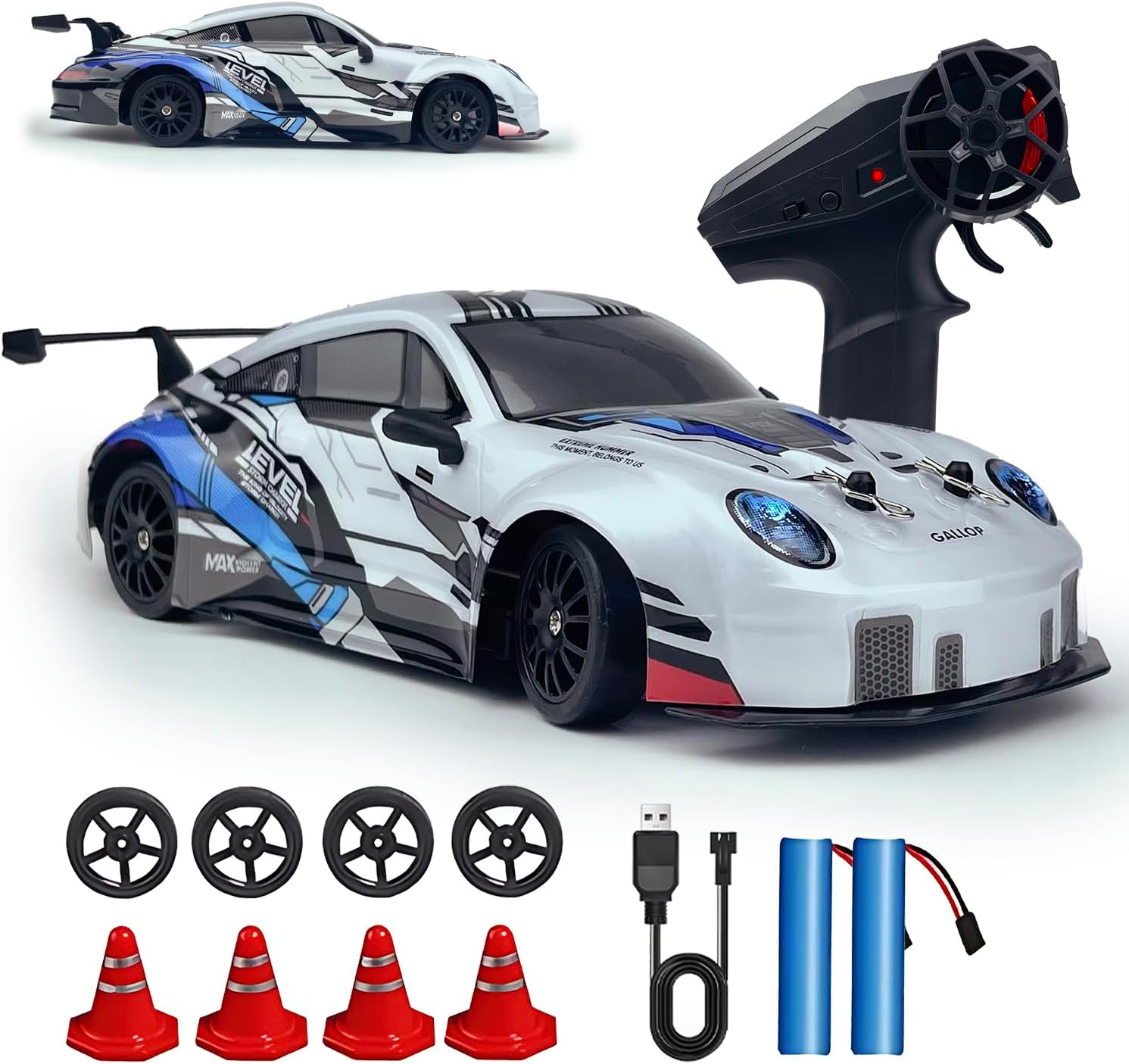RC Drift Car 2.4GHz 1:24 Scale 4WD High Speed Remote Control Cars Vehicle with LED Lights Two Batteries