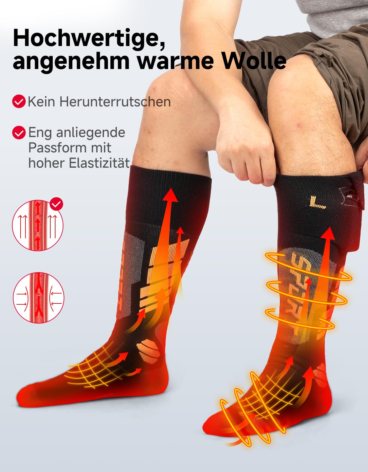 KEMIMOTO Beheizte Socken für Herren Damen, Heizsocken mit Vollfuß- und Zehenheizung, App-Steuerung Thermosocken Waschbar, Warme Beheizte Socken aus Schafwolle für Radfahren, Skifahren, Angel, Jagd