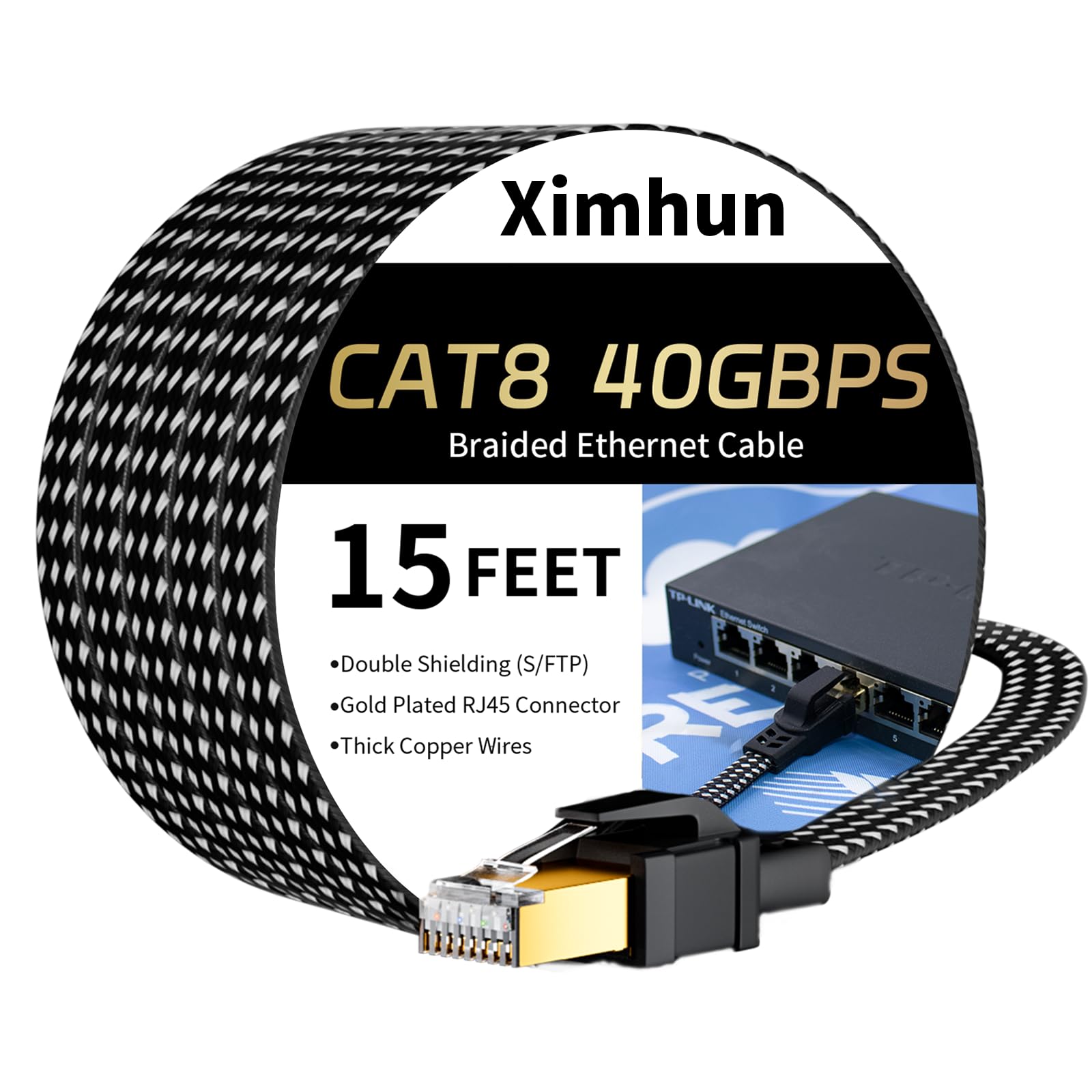 Cavo Ethernet Cat 8, cavo di rete intrecciato ad alta velocità, con connettore RJ45, 40 Gbps, 2000 MHz, resistente, schermato, per interni