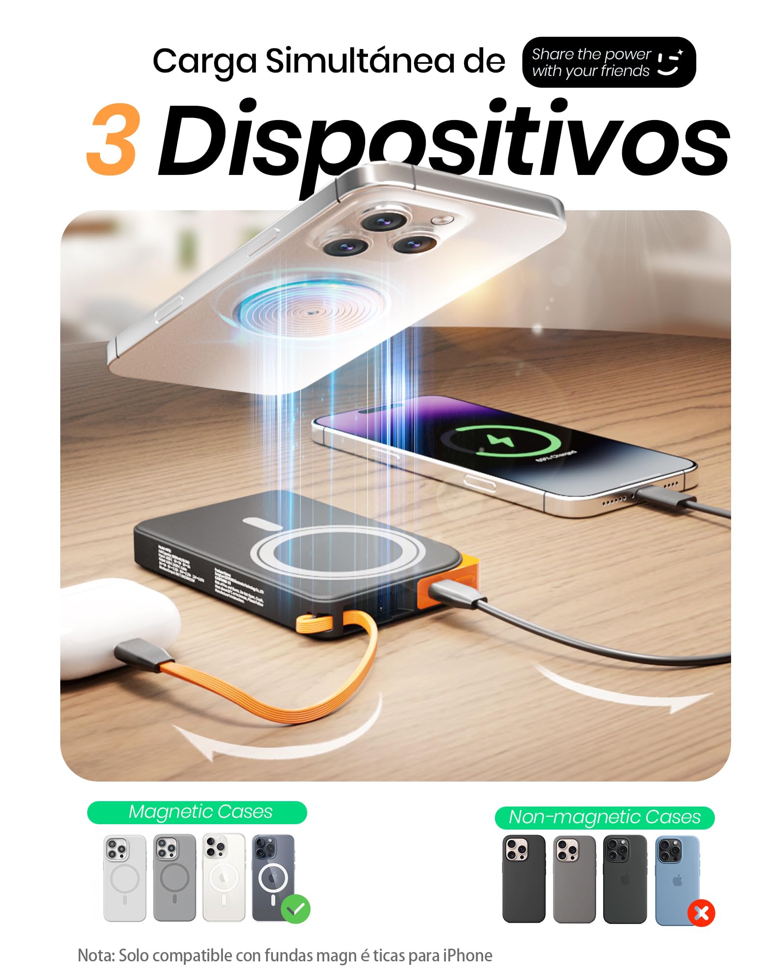 Power Bank para Magsafe, 10000mah Magnetico Bateria Portatil for iPhone con 22.5w USB-C Cable Soporte Plegable Powerbank para iPhone 17 16 15 14 13 12 Serie